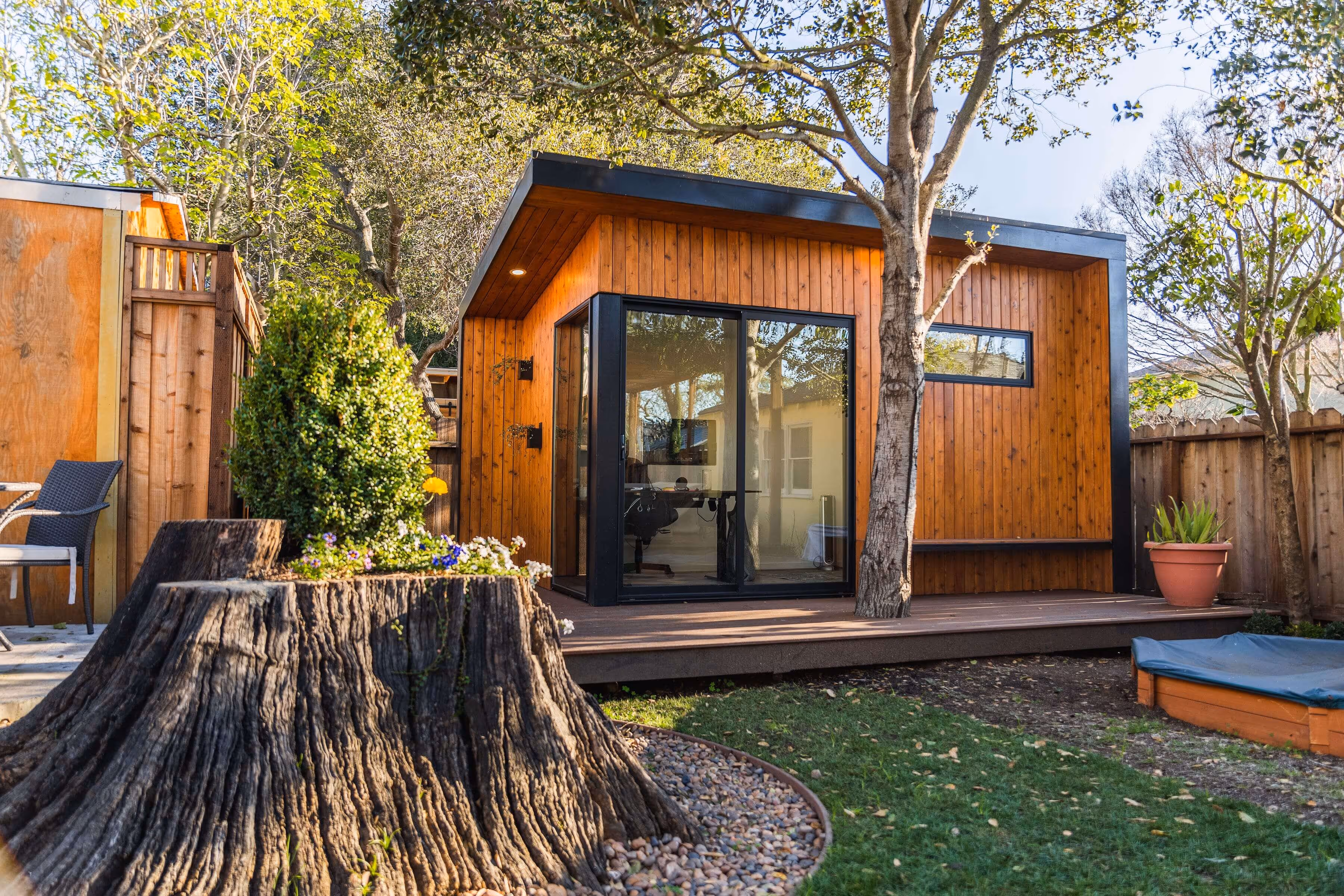 Exterior view of a modern prefab shed.