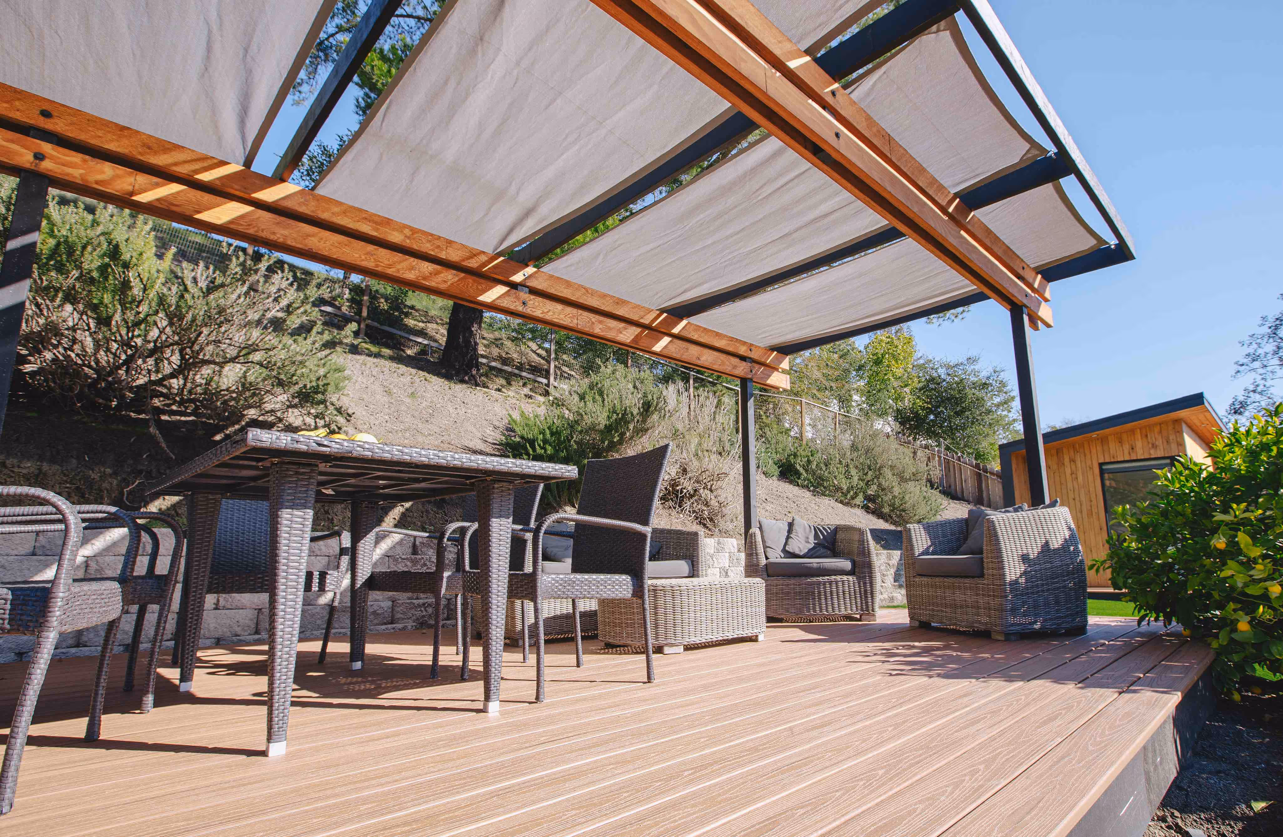 Exterior view of a modern prefab shed.