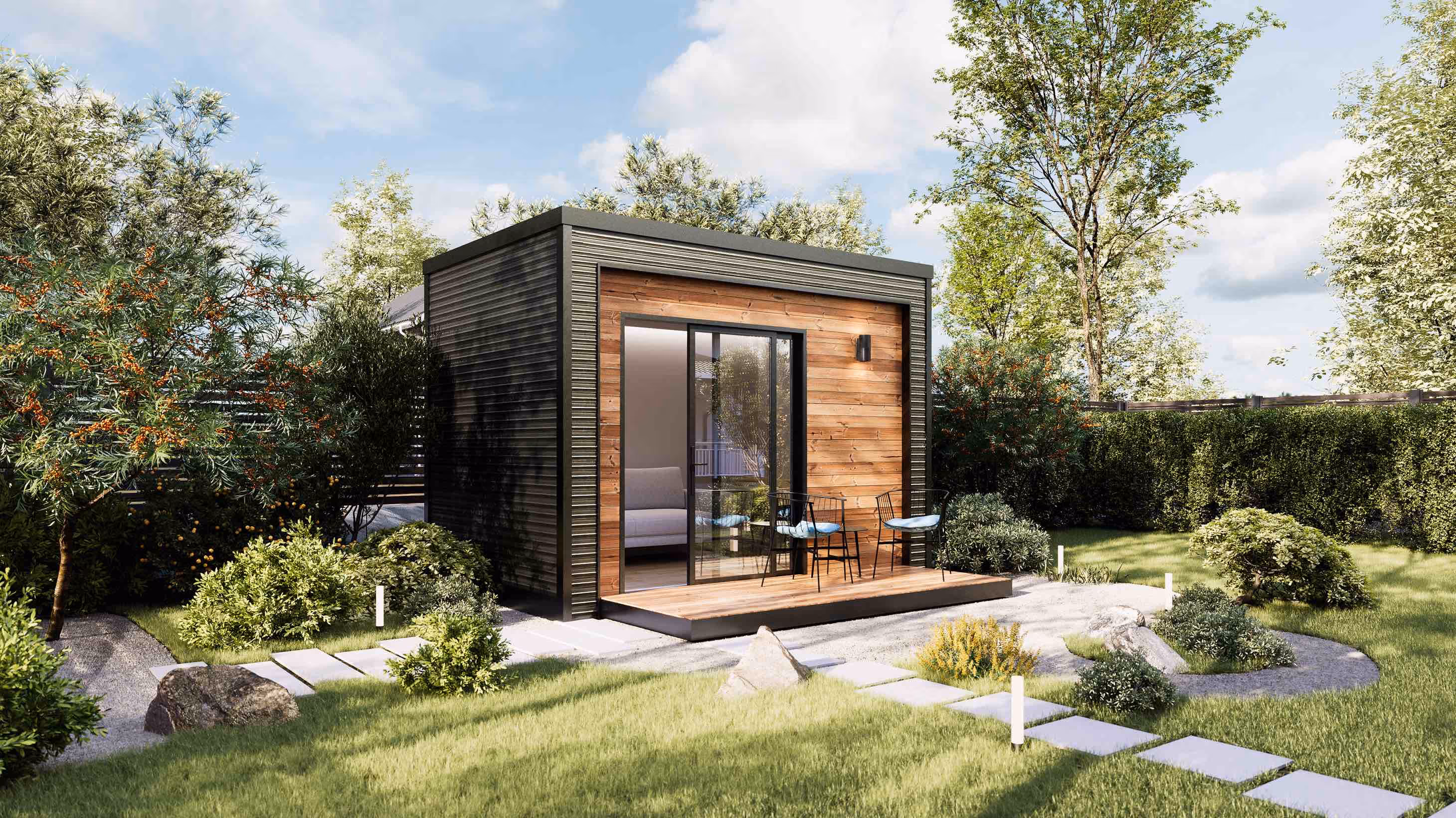 A modern garden shed with patio area, front view of Twin Peaks mini studio shed.