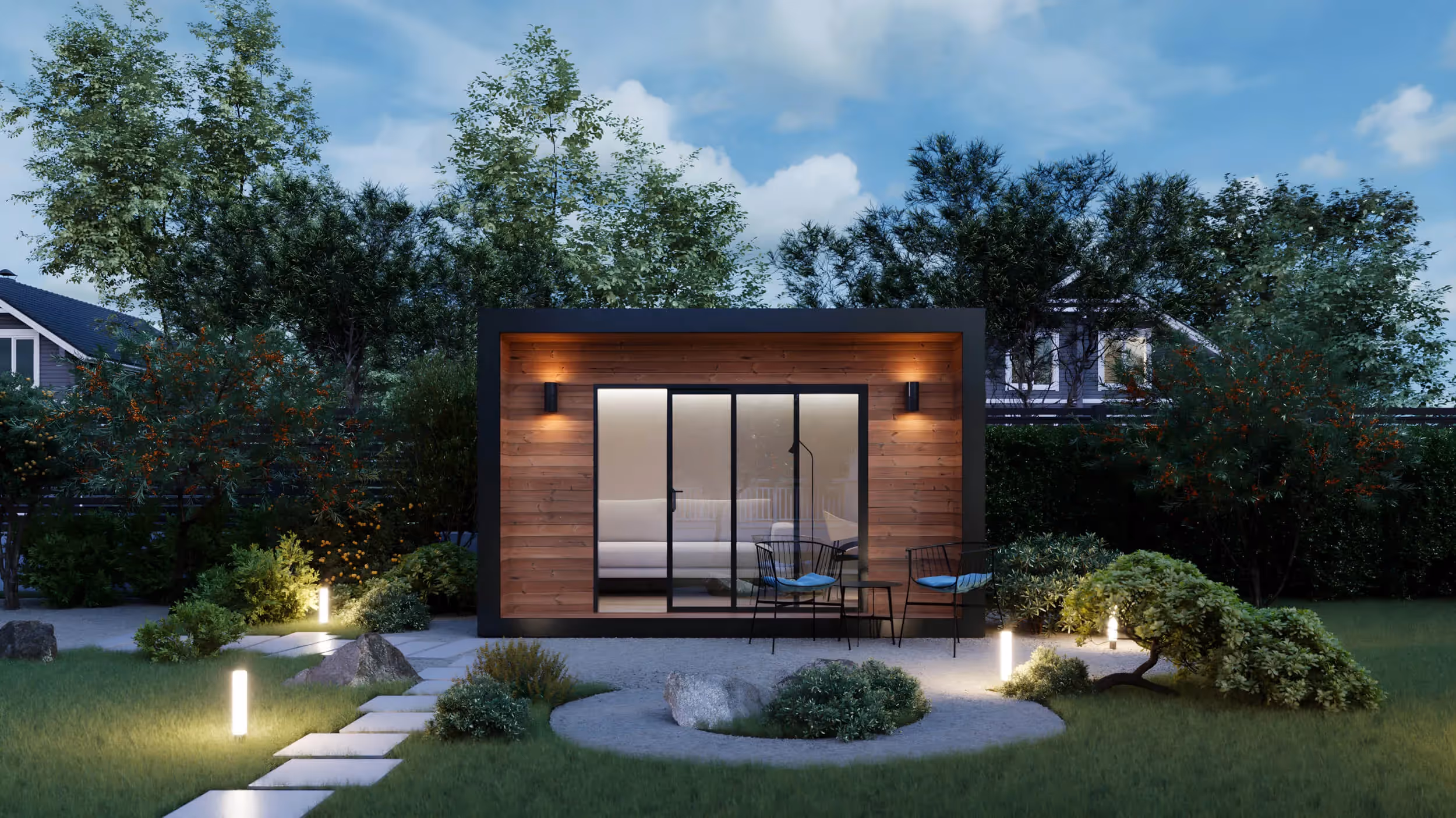 Richmond shed front view in the backyard at night.