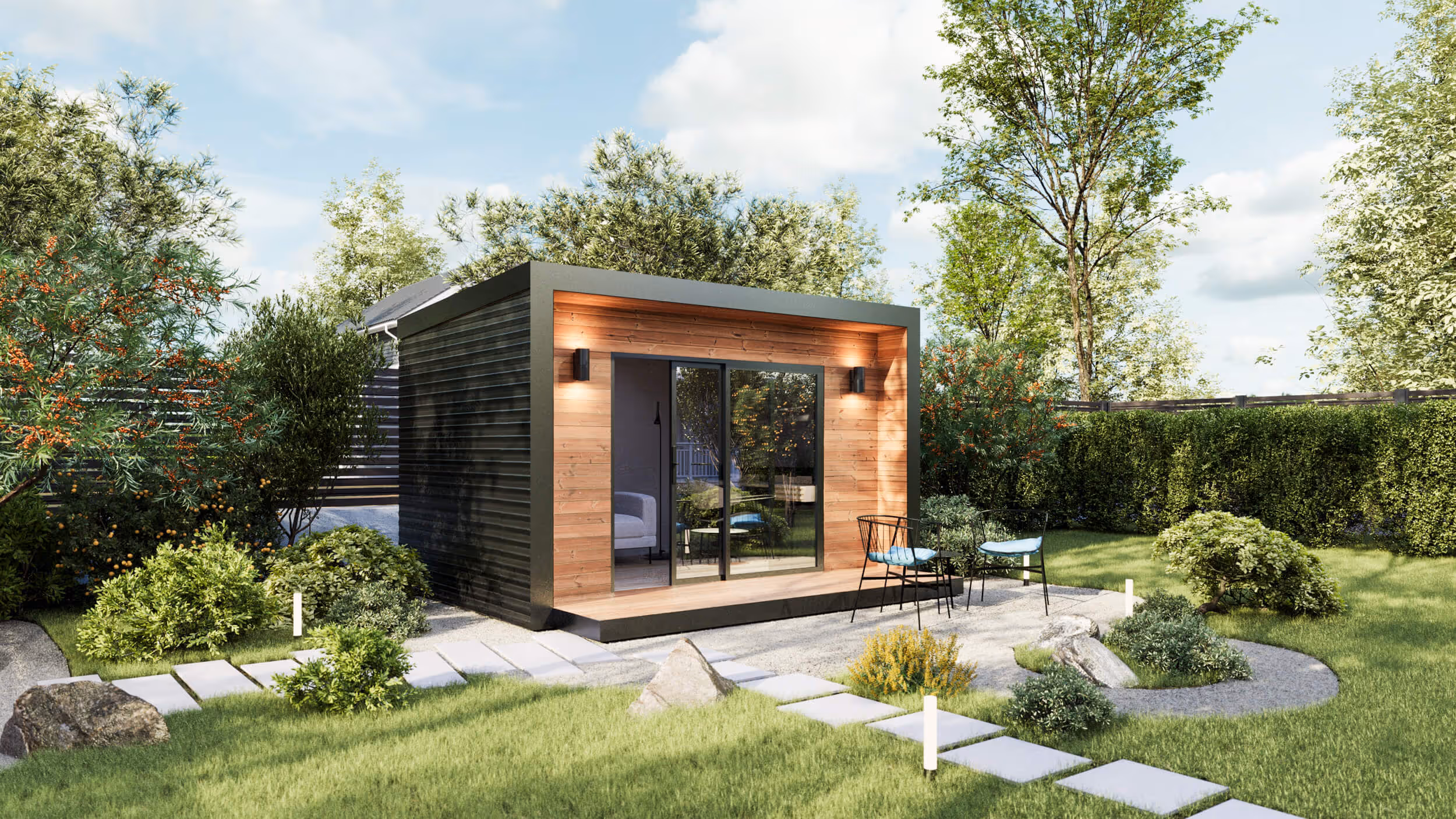 Richmond shed with deck 3/4 view in the backyard.