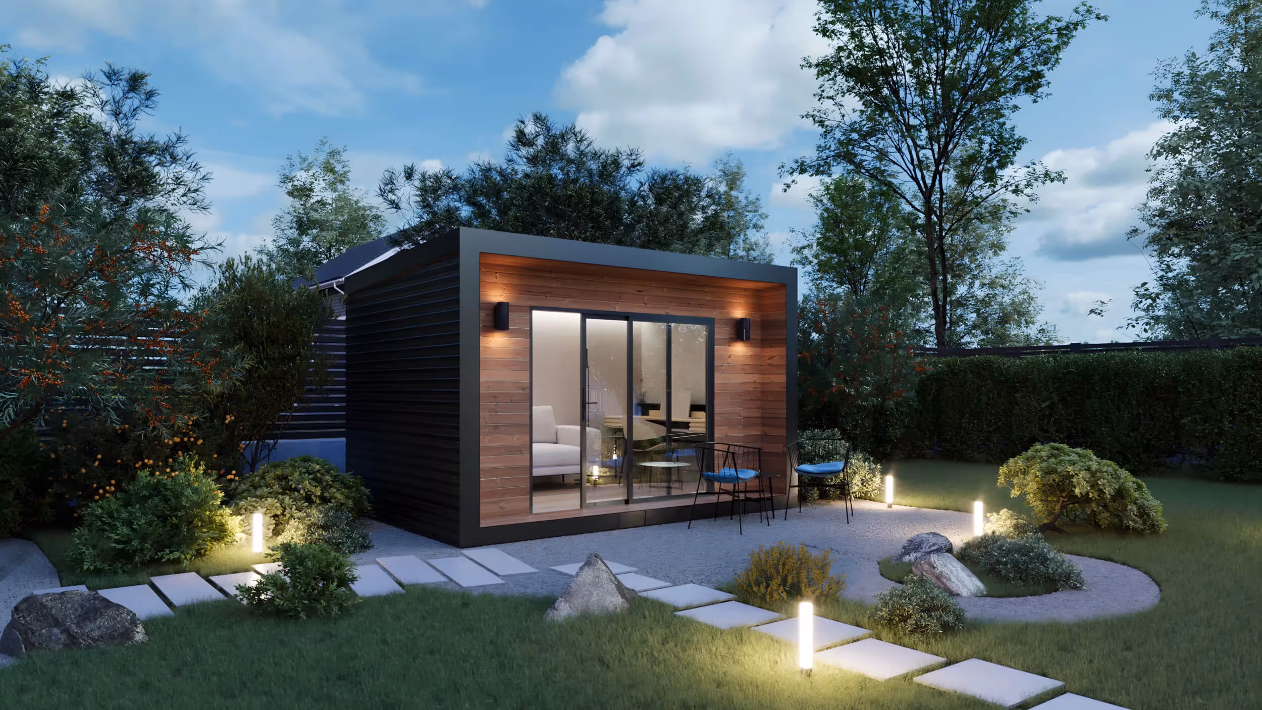 Richmond shed 3/4 view in the backyard at night.