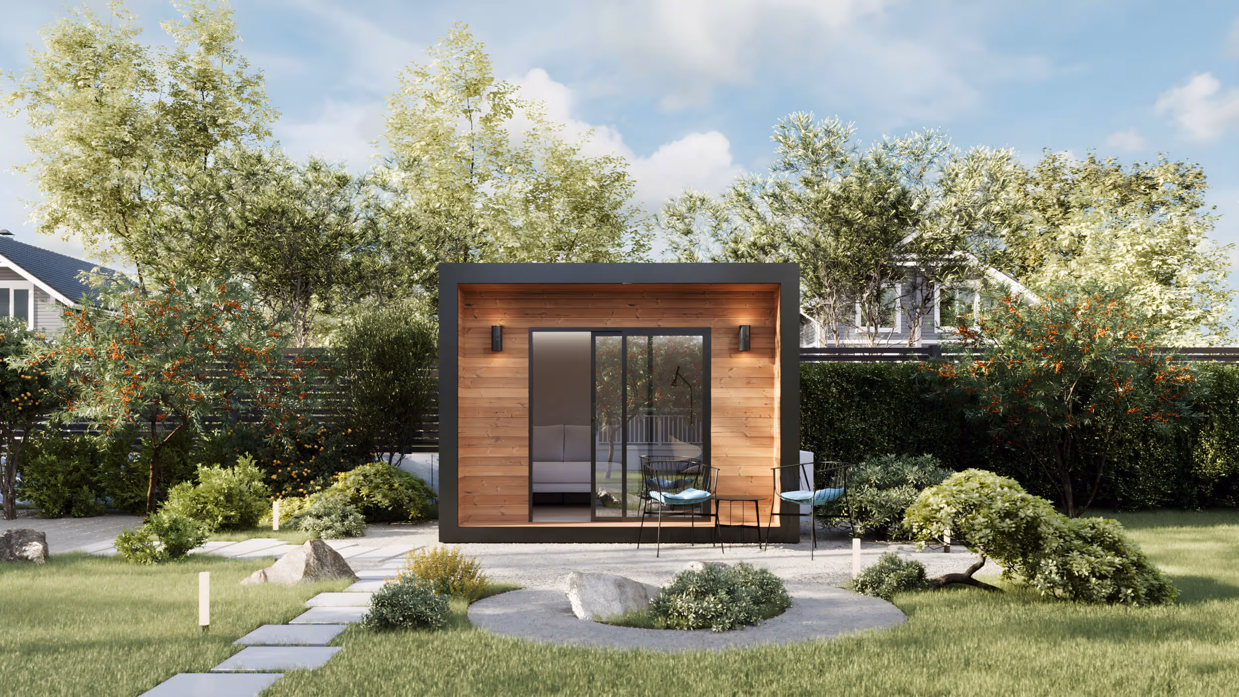 Richmond mini shed front view in the backyard.