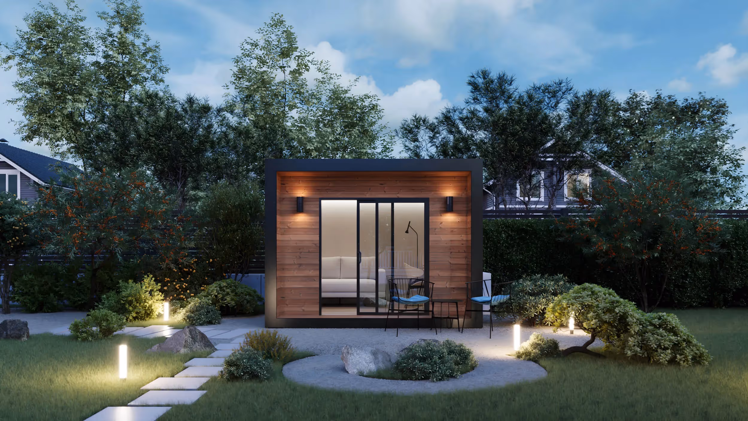 Richmond mini shed front view in the backyard at night.