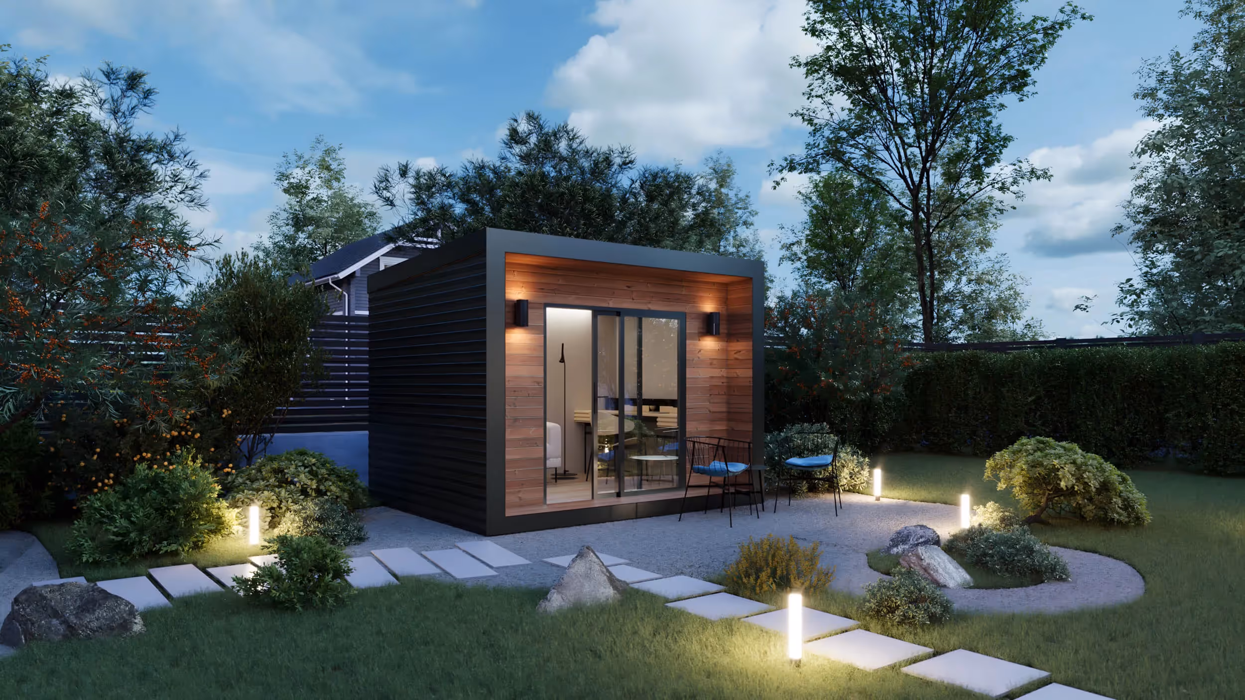 Richmond mini shed angled view in the backyard at night.