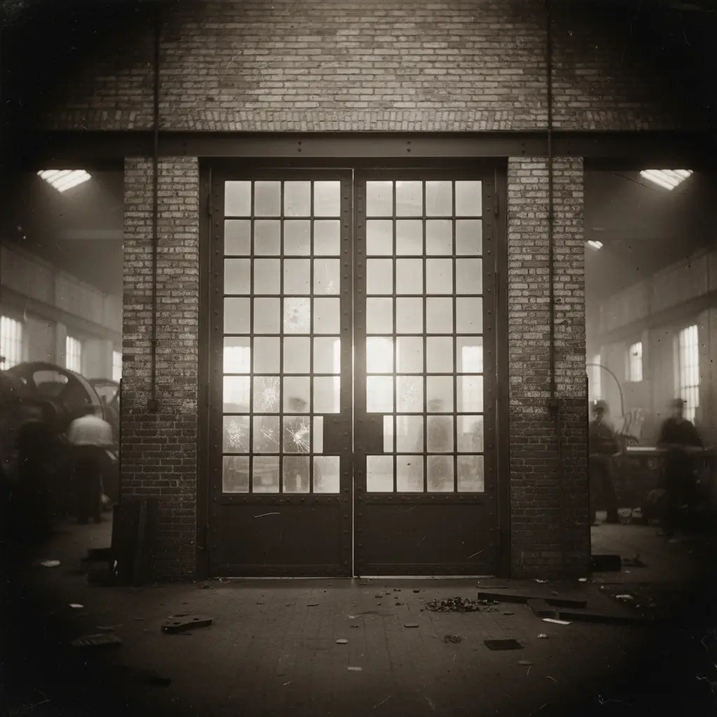 Visuelle Darstellung einer historischen Stahltür mit Glaseinsätzen und Sprossen als Vorreiter der klassischen Lofttüren.