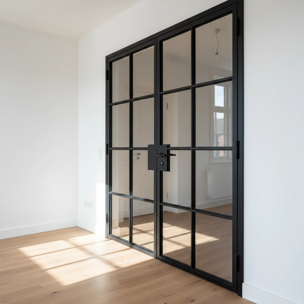 Foto einer schwarzen massiven Stahl-Lofttür mit dicken Stahlprofilen und technischen Sprossen.