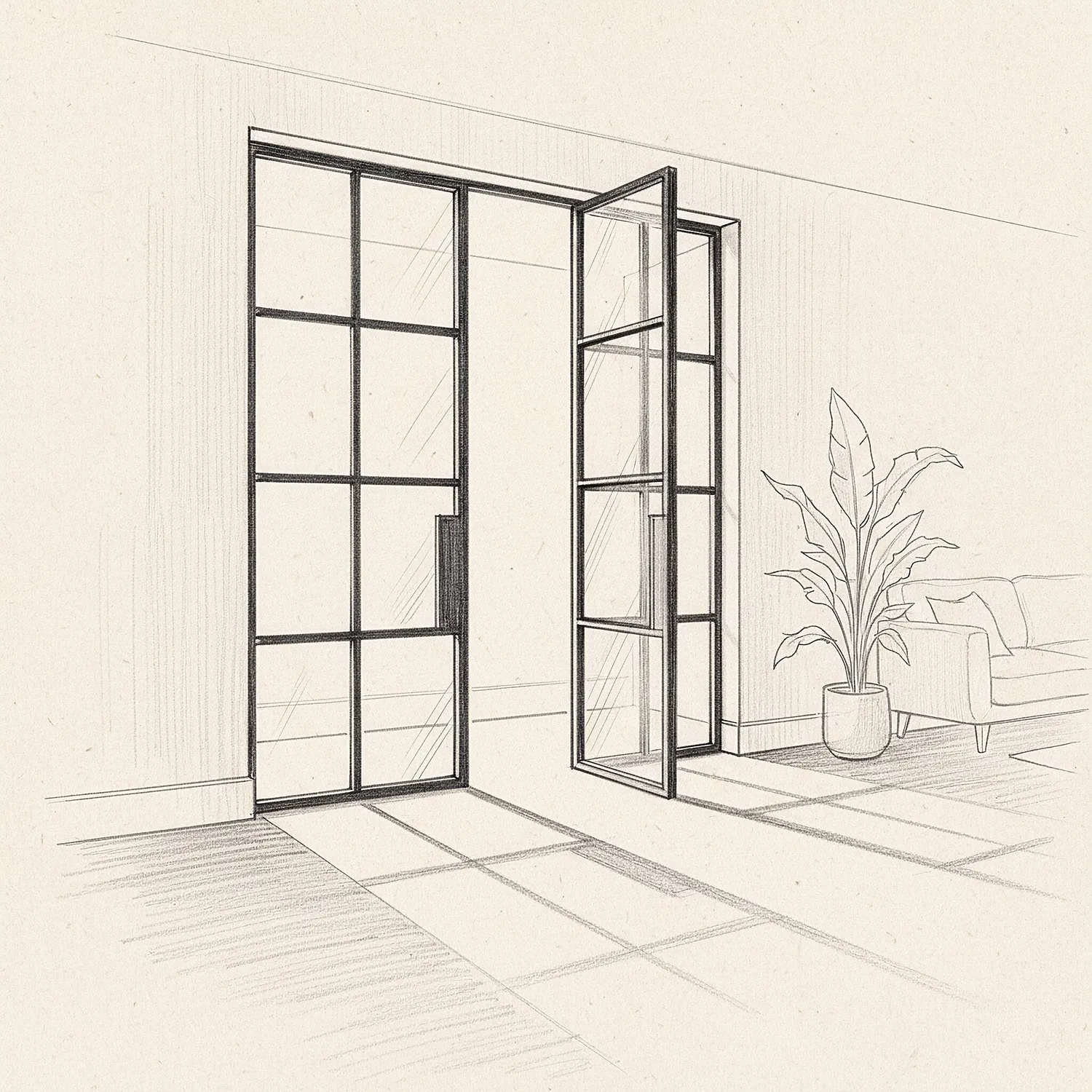 Handskizze einer Lofttür mit Sprossen und Haltegriffen sowie festem Seitenteil.