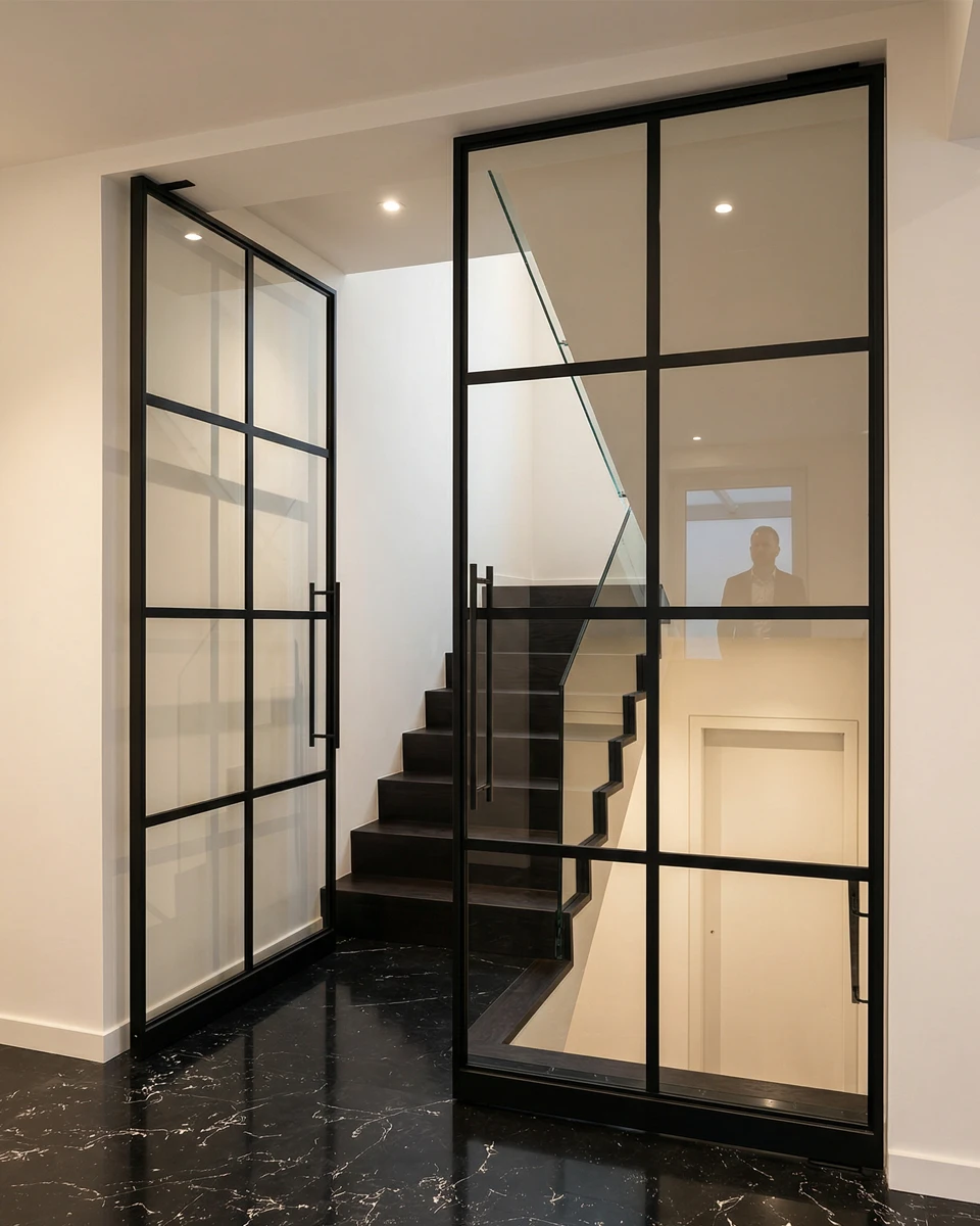 Foto von einer Doppelpivot-Tür mit vielen Sprossen 