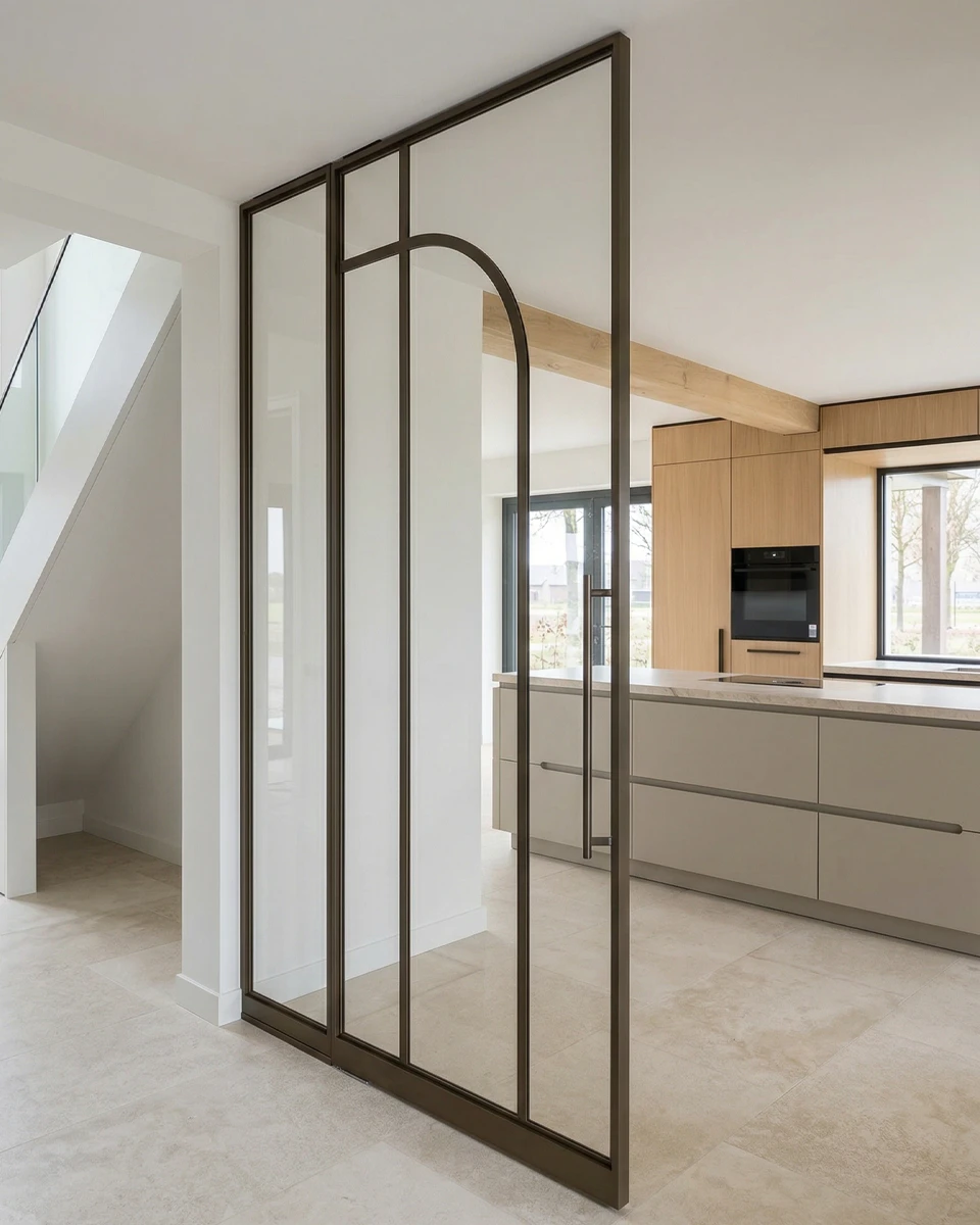 Foto von einer Pendeltür mit gerundeten Sprossen. 