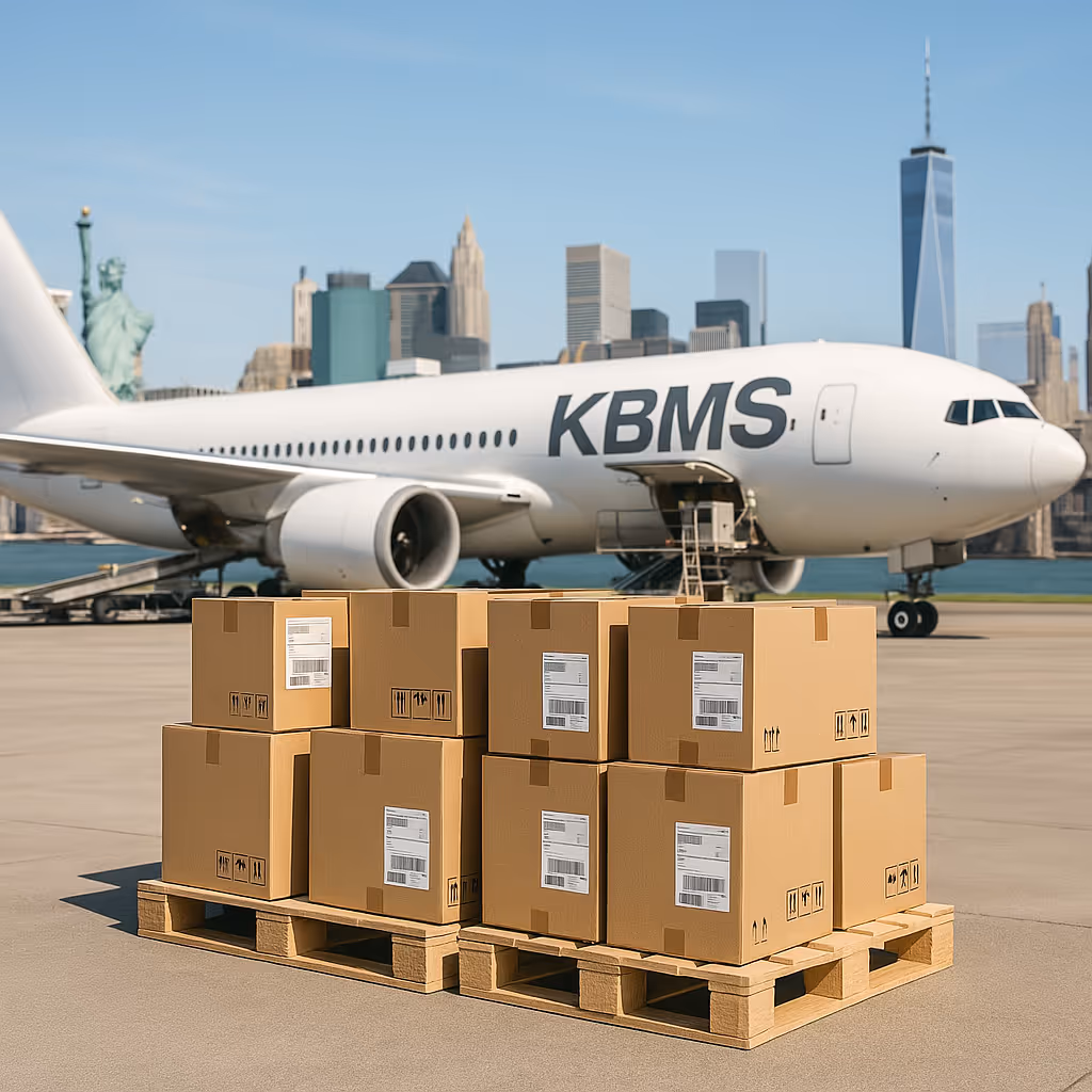 Professionelle Zollabwicklung USA – Versandfertige Pakete auf Paletten vor KBMS-Frachtflugzeug mit New Yorker Skyline im Hintergrund.