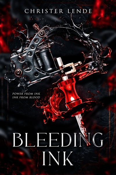 The book cover of the book Bleeding Ink. It features a tattoo needle with a red liquid in it and flowing around it.