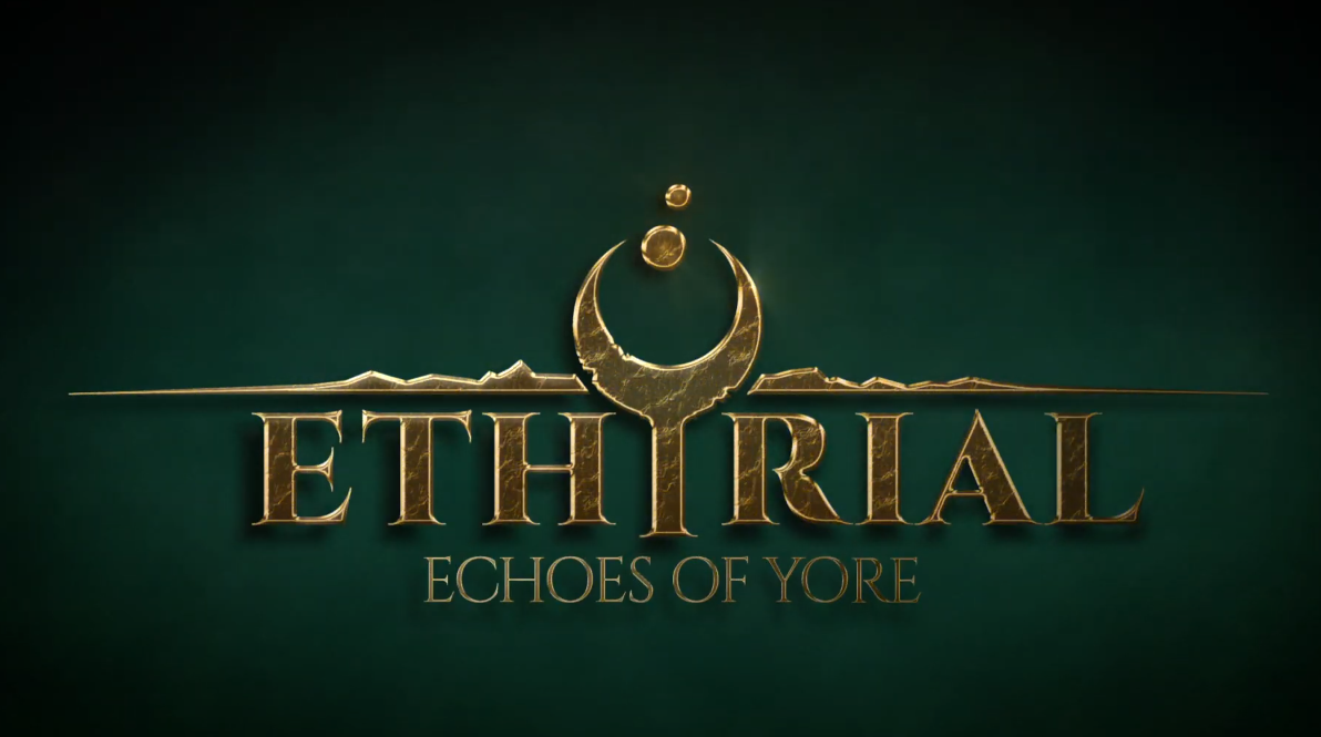 The logo of Ethyrial, the letters are gold on a green background