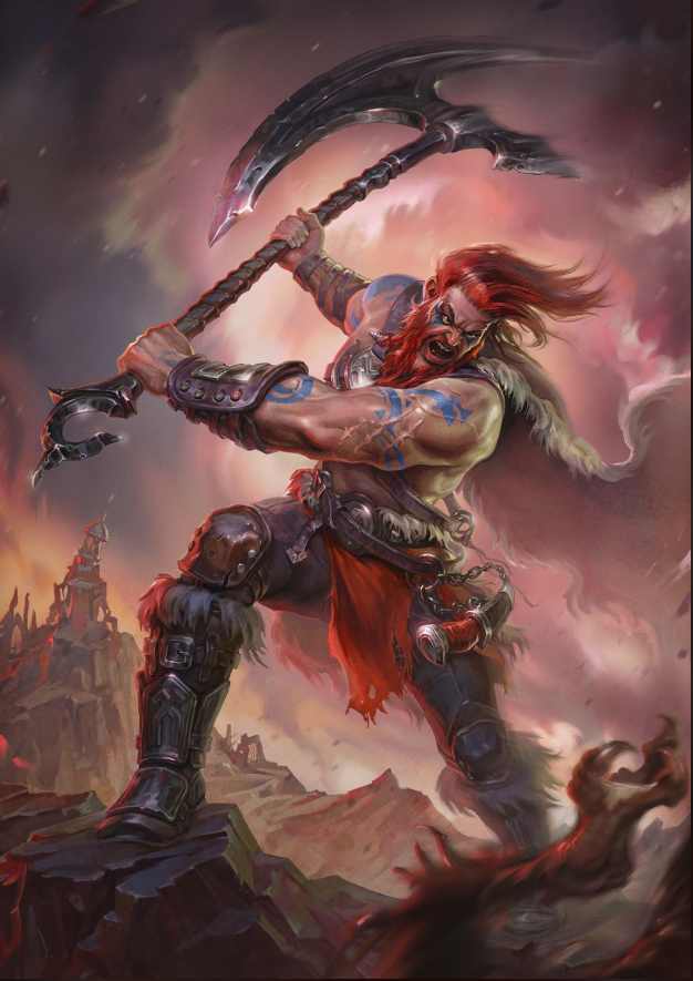 A barbarian holding an axe, ready to swing it.
