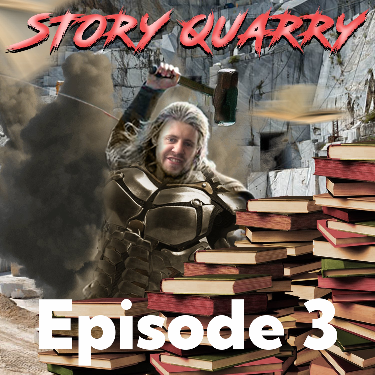 Christer looks like he is mining a stack of books. Story Quarry Episode 3
