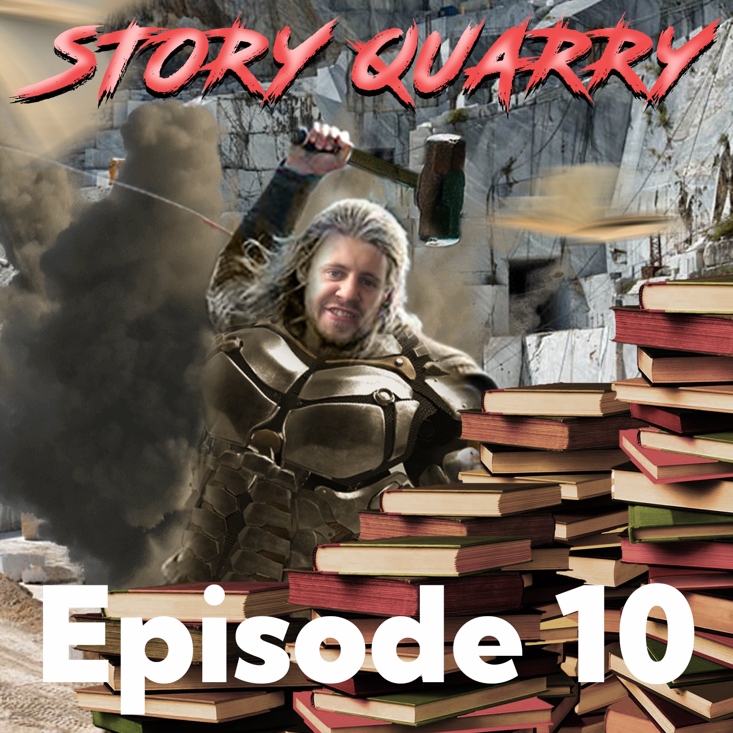 Christer looks like he is mining a stack of books. Story Quarry Episode 10
