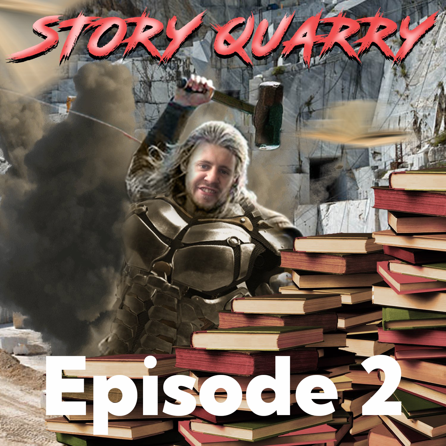 Christer looks like he is mining a stack of books. Story Quarry Episode 2