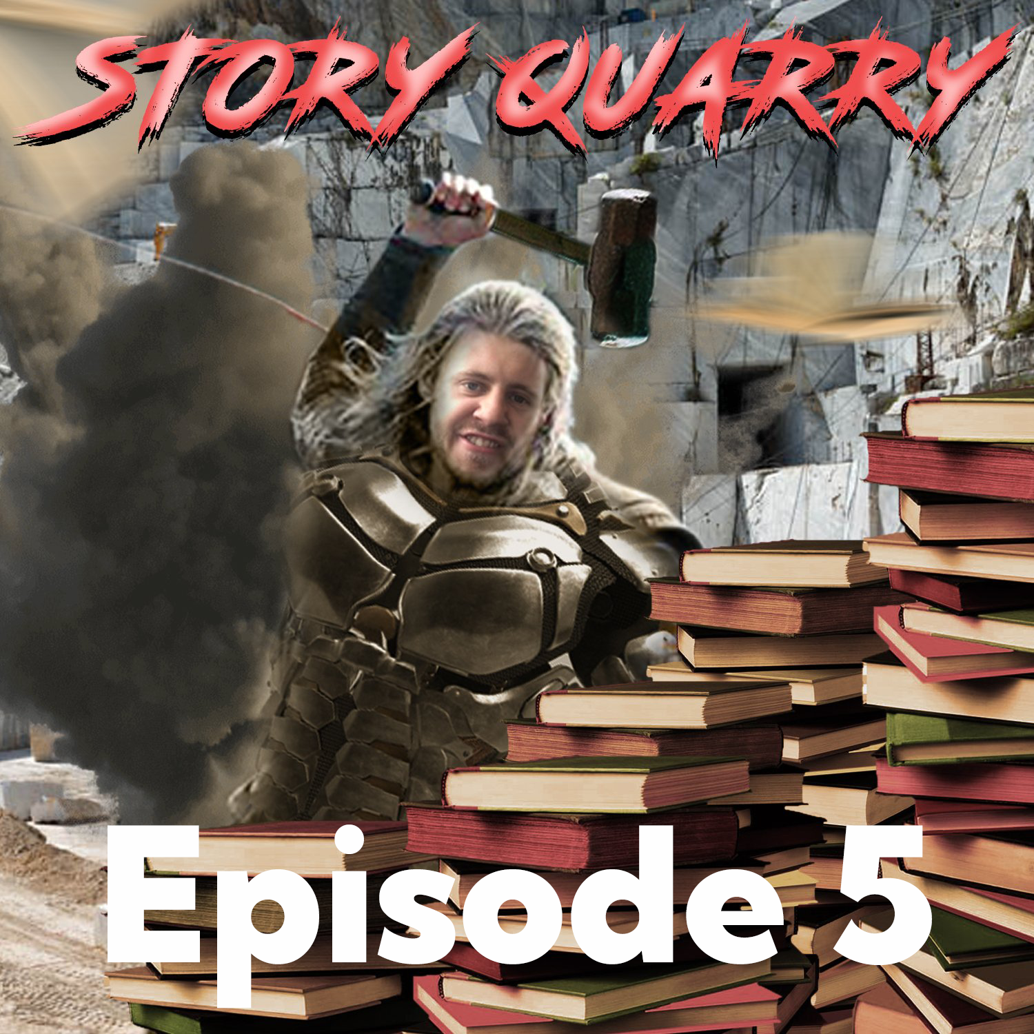 Christer looks like he is mining a stack of books. Story Quarry Episode 5