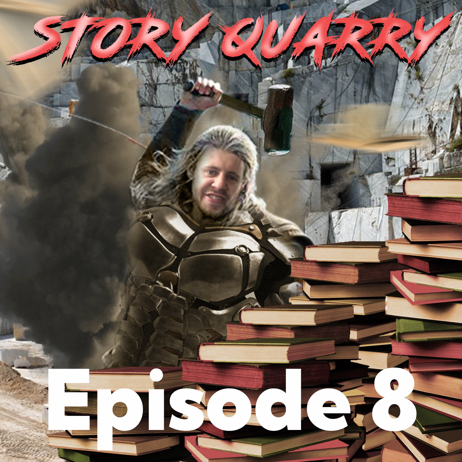 Christer looks like he is mining a stack of books. Story Quarry Episode 8