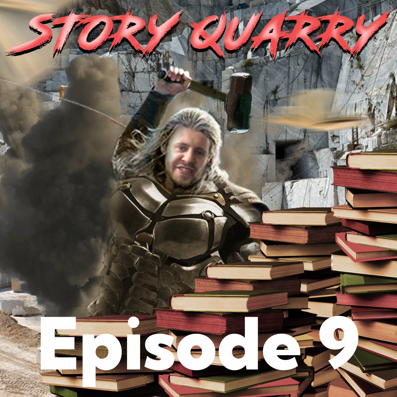 Christer looks like he is mining a stack of books. Story Quarry Episode 9