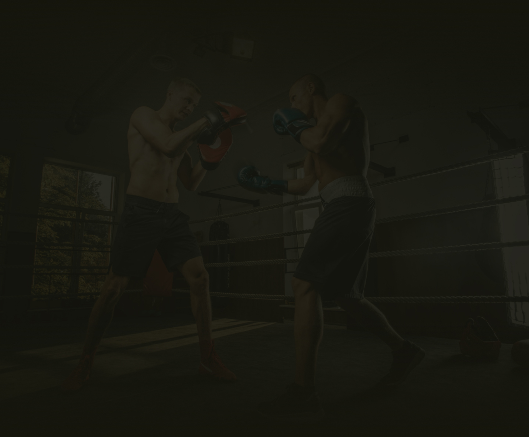 In einem Boxring stehen sich zwei Boxer mit erhobenen Fäusten und Boxhandschuhe in Kampfposition gegenüber und sind bereit für die erste Runde.
