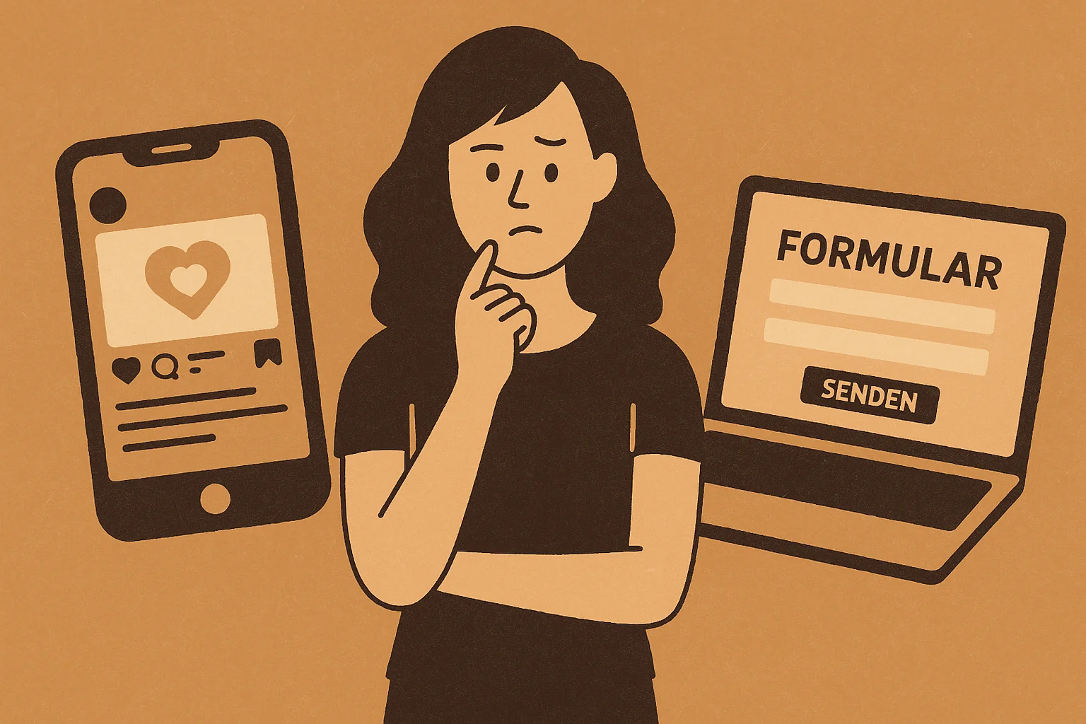 Illustration: Frau steht zwischen Handy mit Social Feed und Laptop mit Anfrageformular – zeigt die Entscheidung zwischen Reichweite und Wirkung.