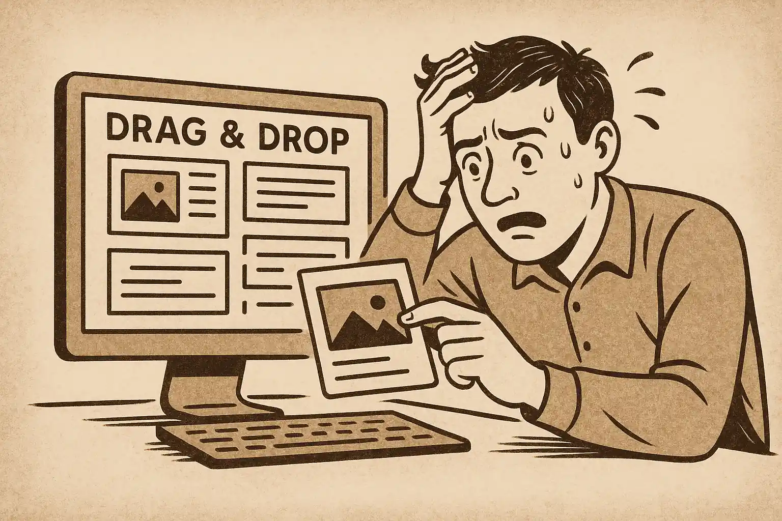 Illustration: Mann zieht Website-Module per Drag & Drop, wirkt überfordert – symbolisiert Baukasten-Websites ohne strategischen Fokus.