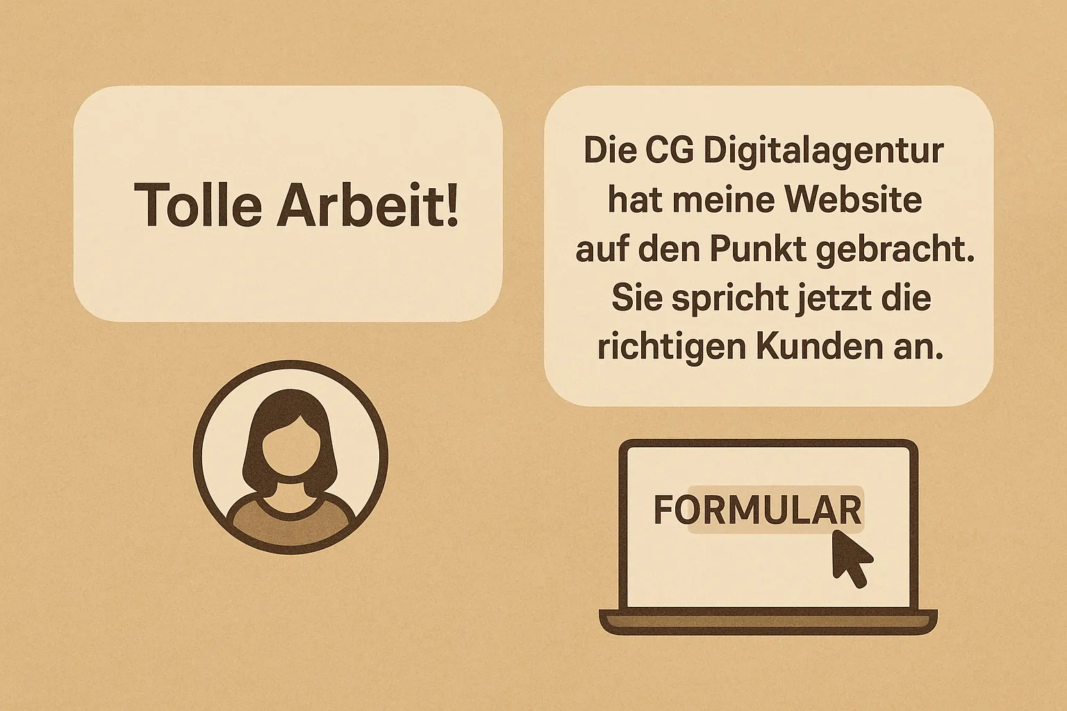 Illustration: Zwei Kundenstimmen nebeneinander – links kurz und austauschbar, rechts konkret und überzeugend – steht für den Unterschied in der Wirkung.