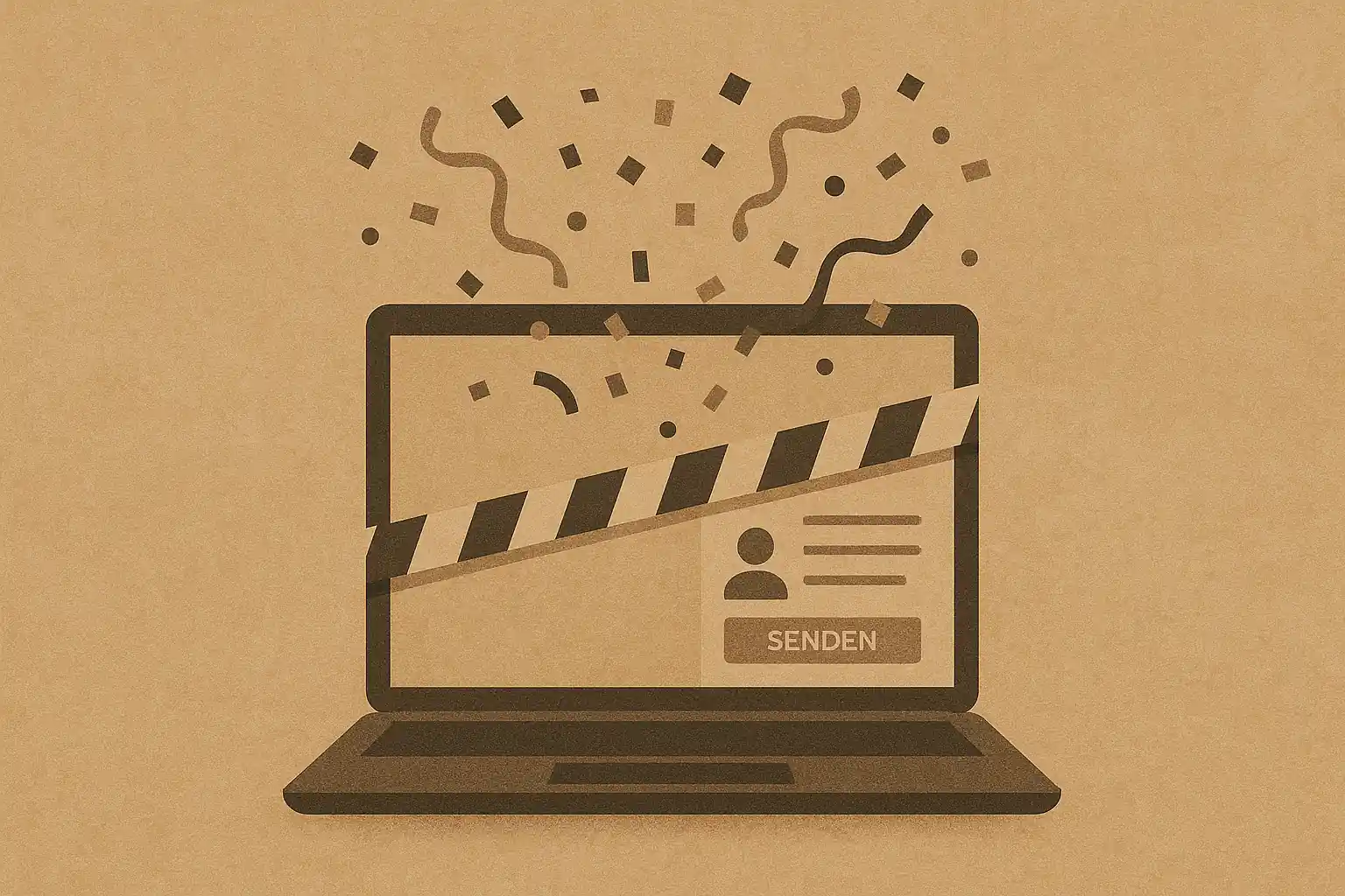Illustration: Laptop mit Konfetti und Baustellenband – symbolisiert Website-Launch als Start, nicht als Ende.