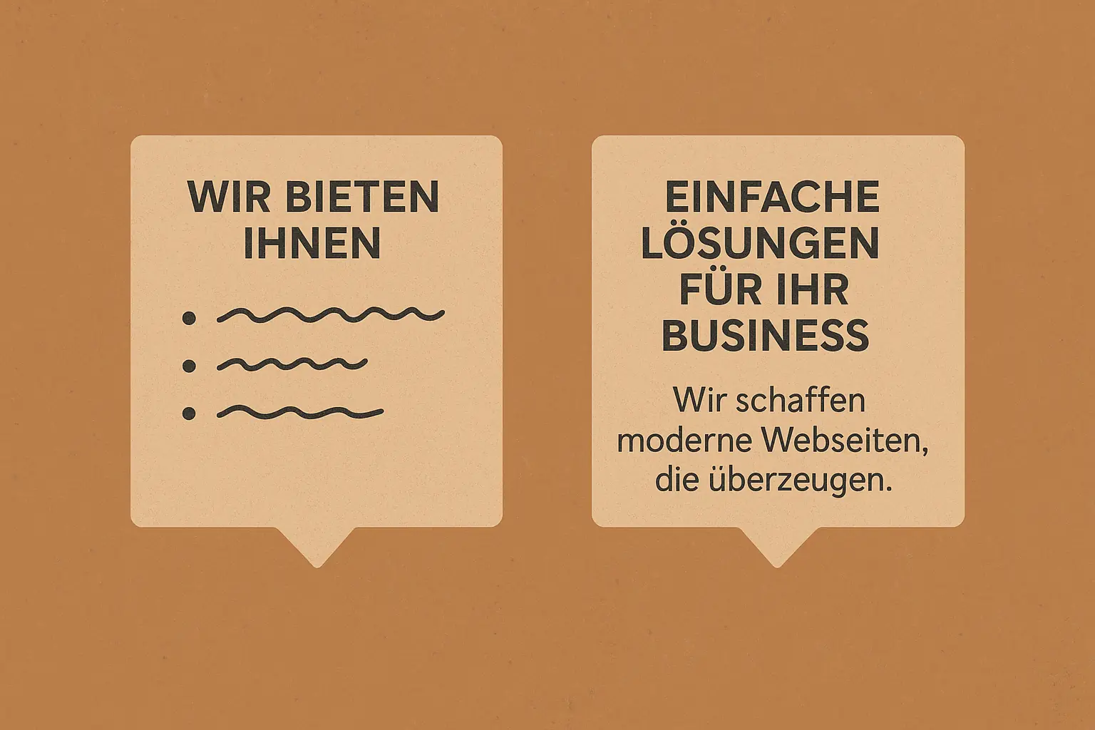 Illustration: Zwei Website-Texte nebeneinander – links voller Floskeln, rechts klar und verständlich – symbolisiert den Unterschied in Wirkung und Vertrauen.