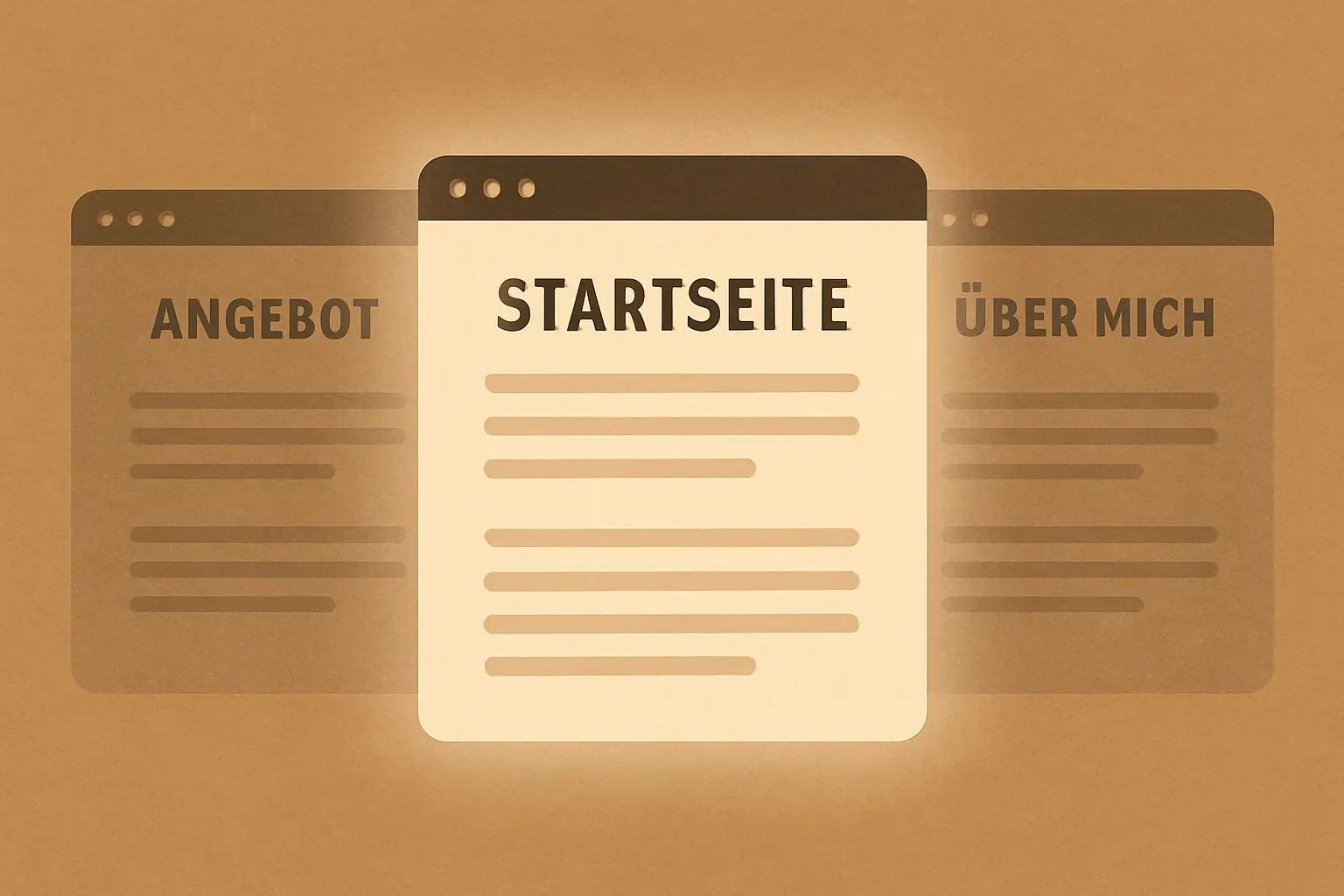 Illustration: Drei geöffnete Website-Seiten mit Text – Startseite, Angebot, Über mich – eine leuchtet, zwei wirken schwach. Symbol für die Wirkung starker Texte.