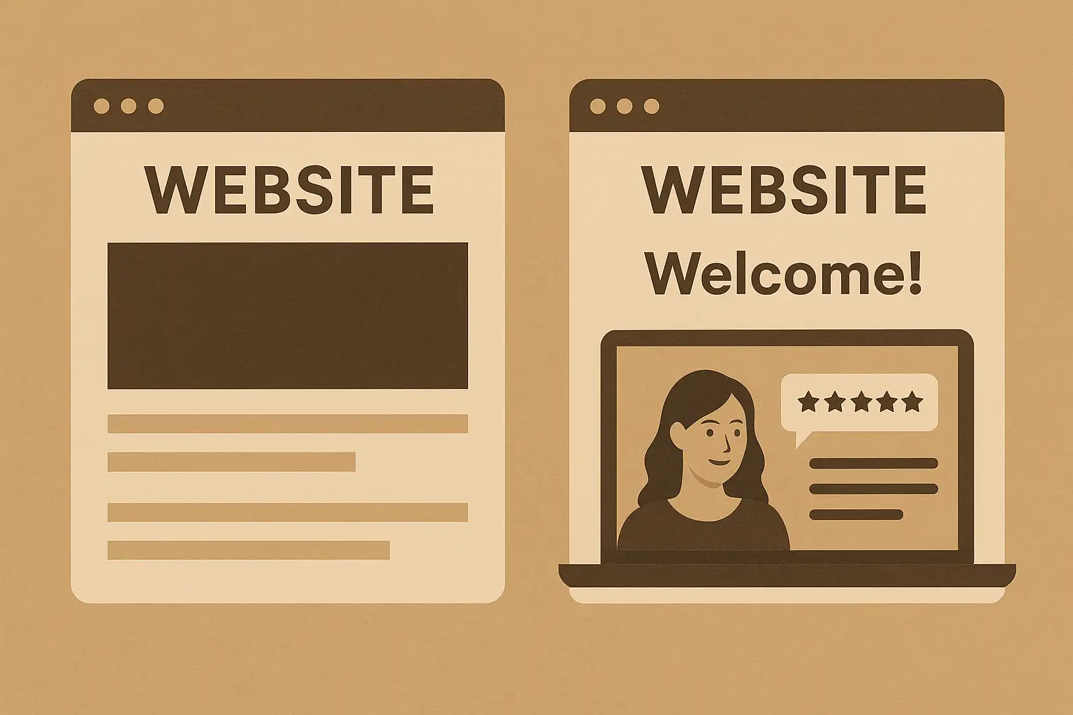 Illustration: Zwei Websites nebeneinander – eine wirkt modern, aber leer, die andere klar, individuell und einladend. Symbol für den Unterschied zwischen Vorlage und Strategie.