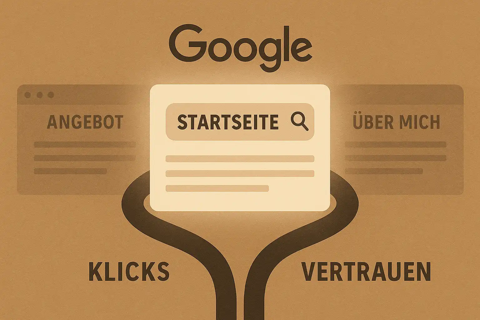 Illustration: Zwei Wege führen aus einer Google-Suchmaske – einer endet bei Klicks, der andere bei einem echten Kunden. Symbol für die Wirkung von nutzerzentriertem SEO.