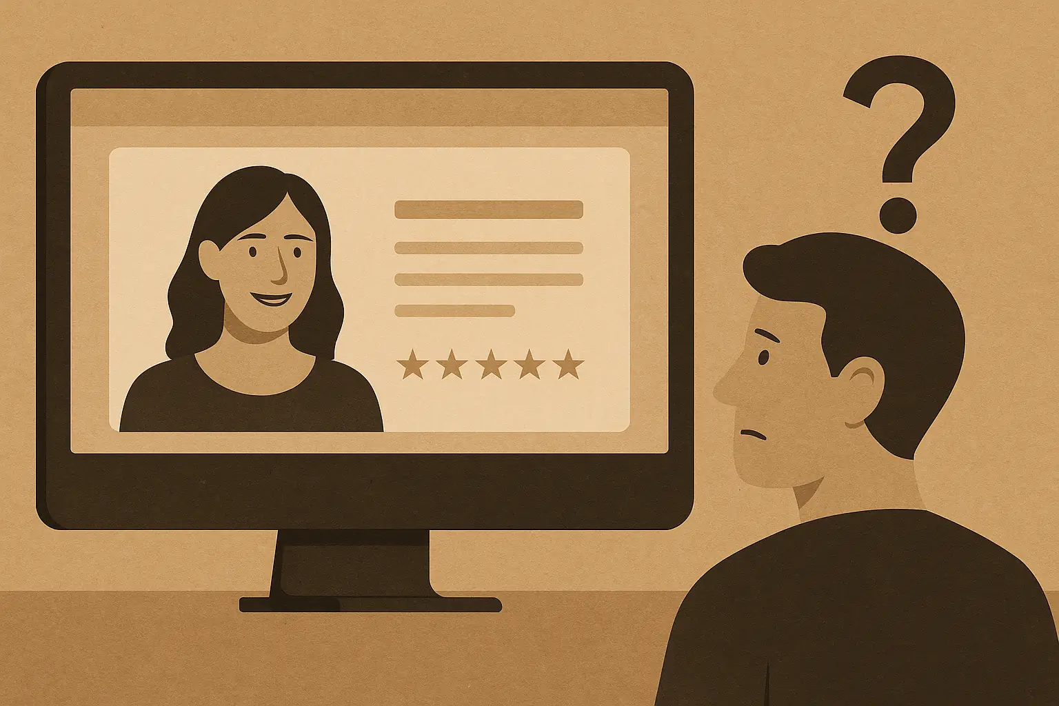 Illustration: Website mit großem Ich-Foto, daneben ein Besucher mit Fragezeichen – symbolisiert den fehlenden Kundenfokus.