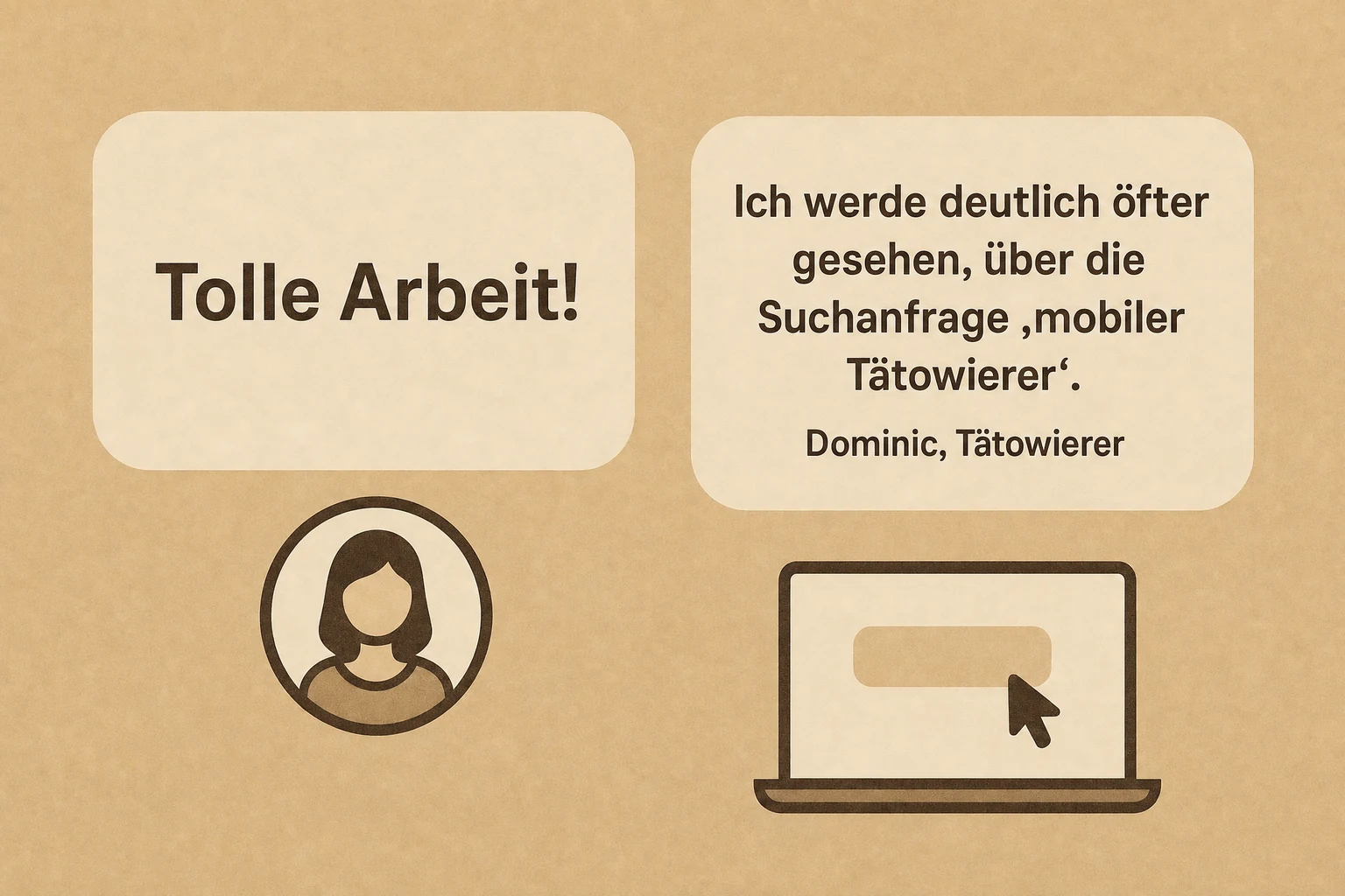 Illustration: Links die nichtssagende Kundenstimme „Tolle Arbeit!“, rechts ein echtes Zitat von Dominic darüber, dass er über die Suchanfrage ‚mobiler Tätowierer‘ gefunden wird.