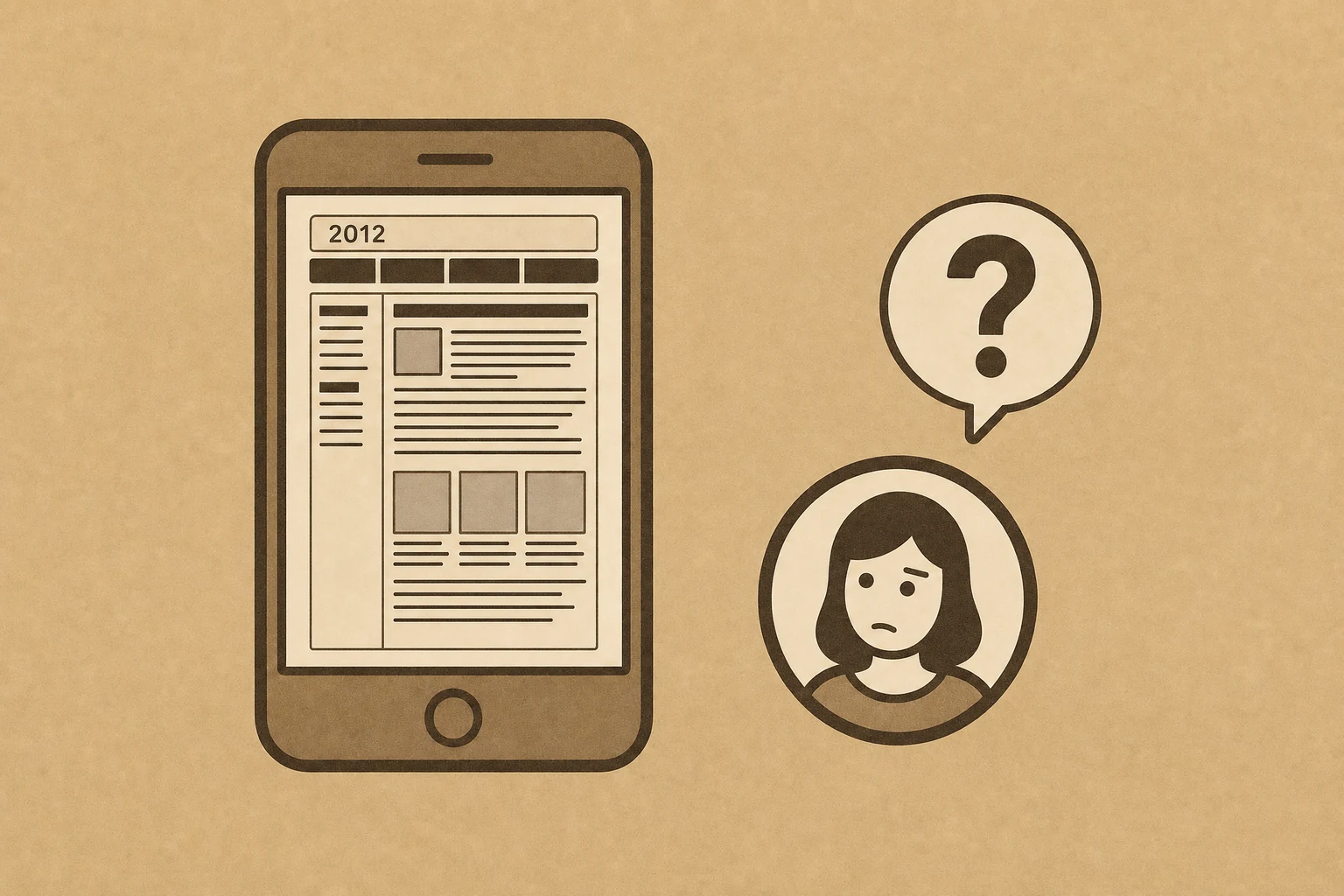 Was dein Kunde denkt, wenn deine Website aussieht wie von 2012 Illustration: Ein Smartphone zeigt eine veraltete Website mit winziger Schrift, daneben schaut eine Person skeptisch und hat ein Fragezeichen über dem Kopf.