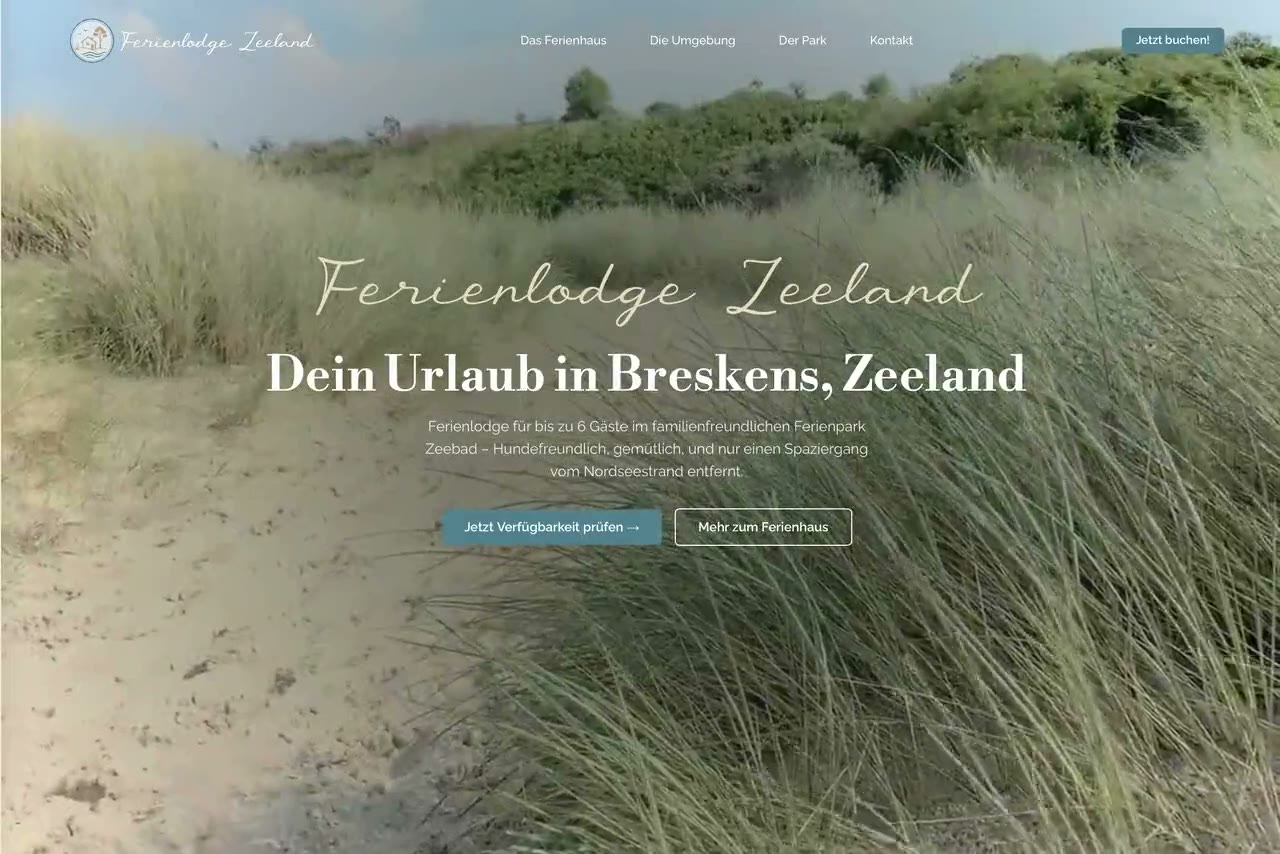 Startseite von Urlaub Breskens: ein Dünenweg mit Strandgras, darüber die Zeile „Dein Urlaub in Breskens, Zeeland“.