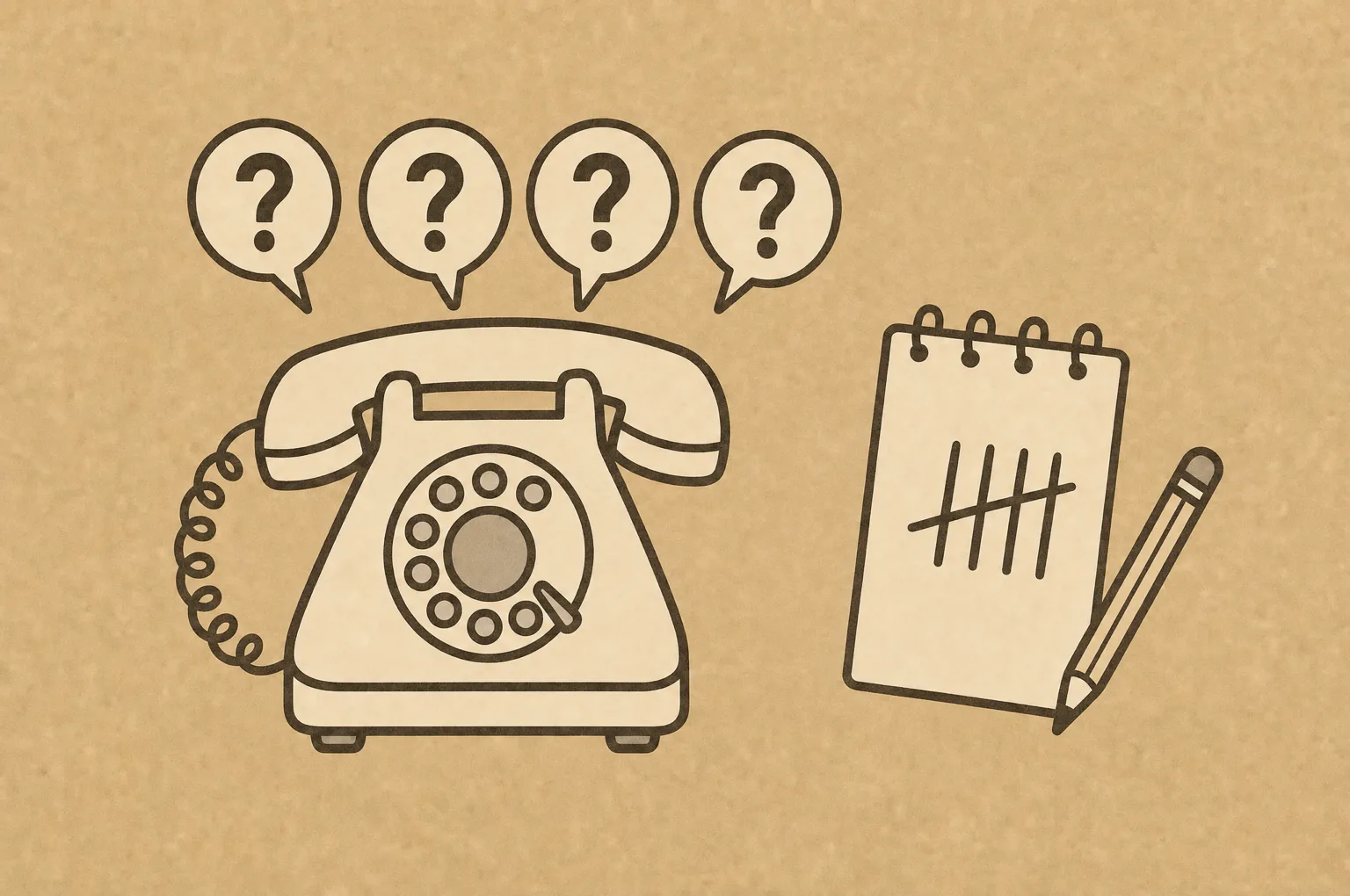 Illustration: Ein Telefon mit vier Fragezeichen-Sprechblasen, daneben ein Notizblock mit vier Strichen und ein Bleistift.