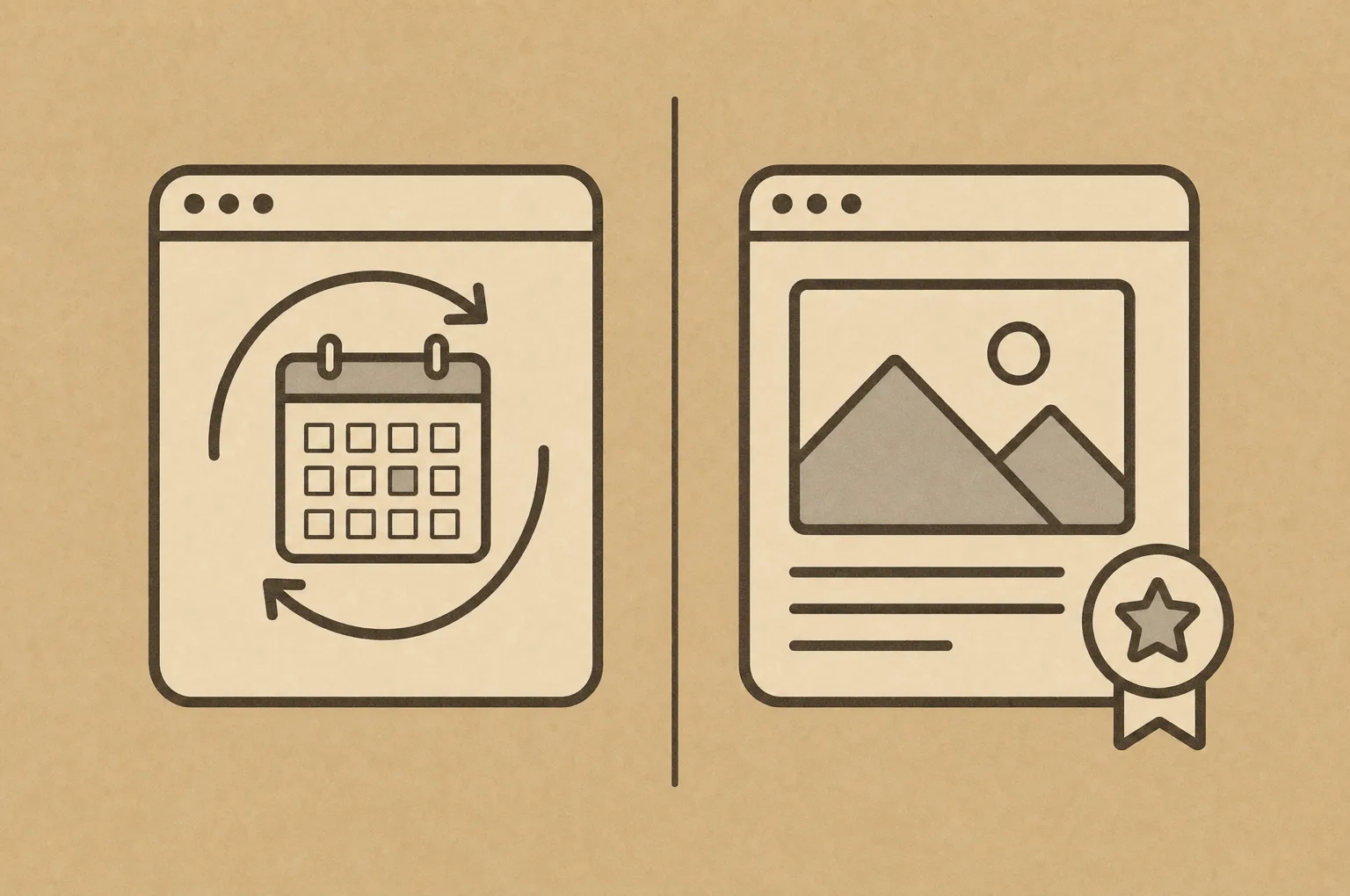 Illustration: Zwei Browserfenster nebeneinander – links ein Kalender mit Kreispfeilen für einen Ablauf, der von allein läuft, rechts eine Seite mit großem Bild und Auszeichnung.