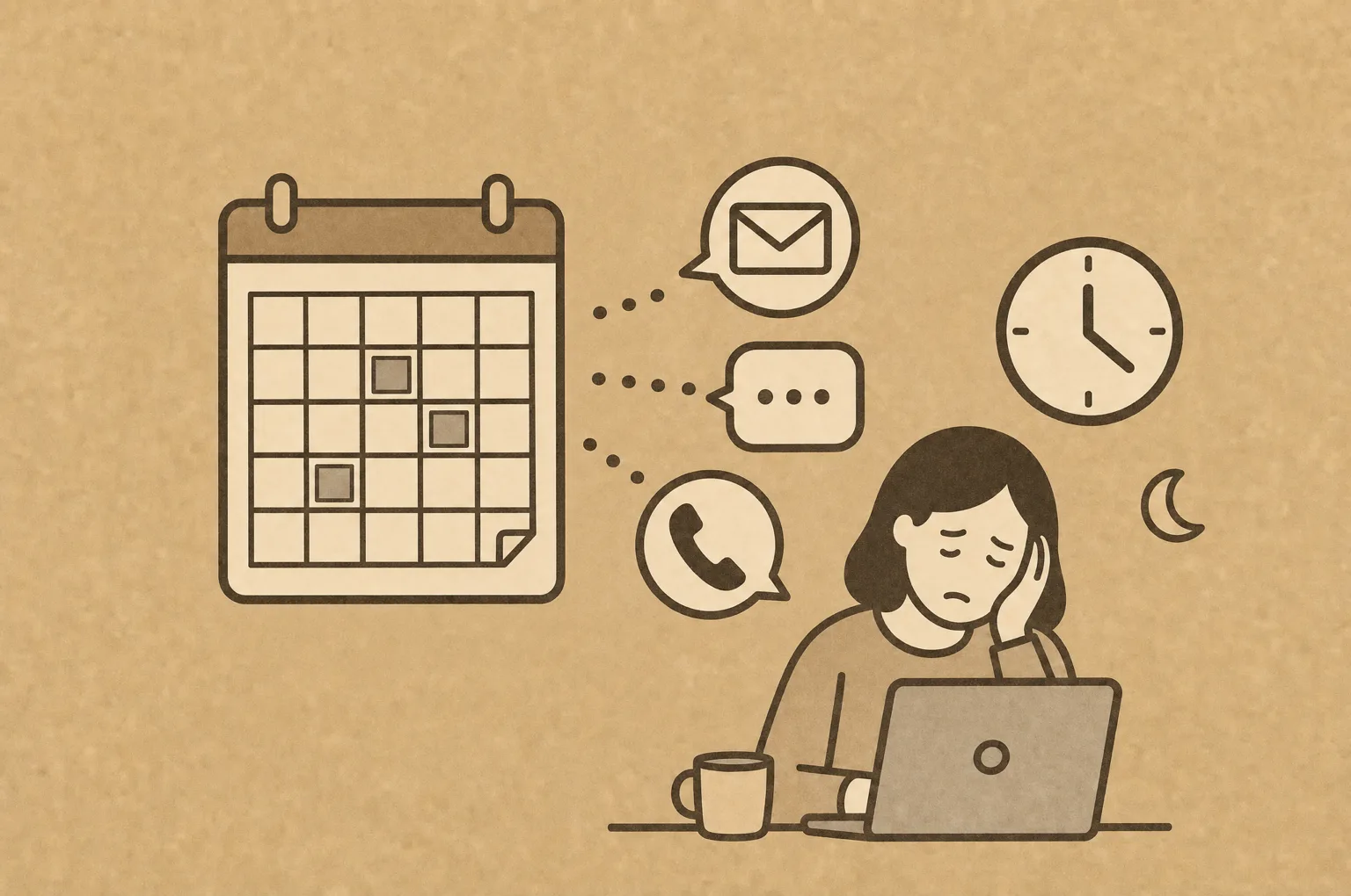 Illustration: Ein Kalender, drei eingehende Nachrichten als E-Mail, Chat und Anruf, daneben eine müde Person am Schreibtisch mit Uhr und Mond.