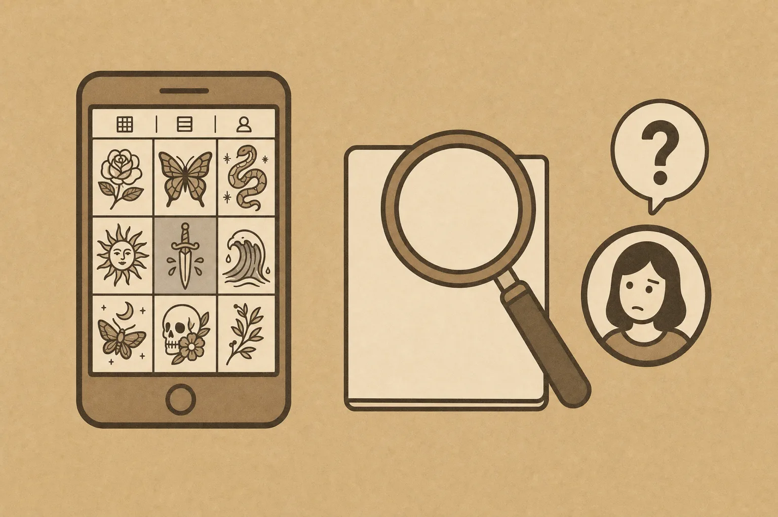 Brauchst du als Tätowierer eine Website, wenn Instagram läuft? Illustration: Ein Smartphone zeigt einen Feed mit Tätowierungen, daneben eine Lupe über einer leeren Seite und eine unsichere Person mit Fragezeichen.