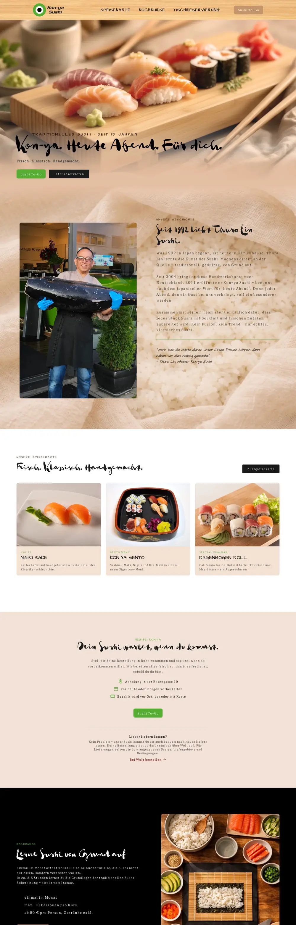 Die Startseite von Kon-ya Sushi: eine Sushi-Platte auf einem Holzbrett, darunter die Knöpfe für Sushi to go und Tischreservierung