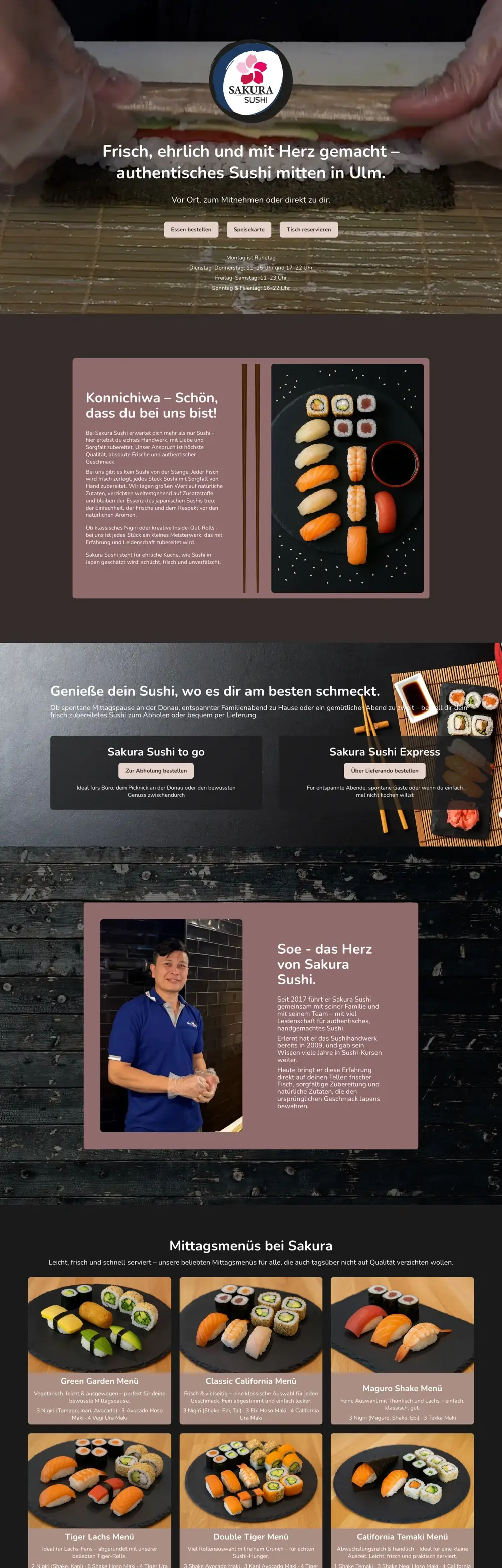 Die Startseite von Sakura Sushi Ulm mit Logo, den Knöpfen zum Bestellen und Reservieren und den Öffnungszeiten