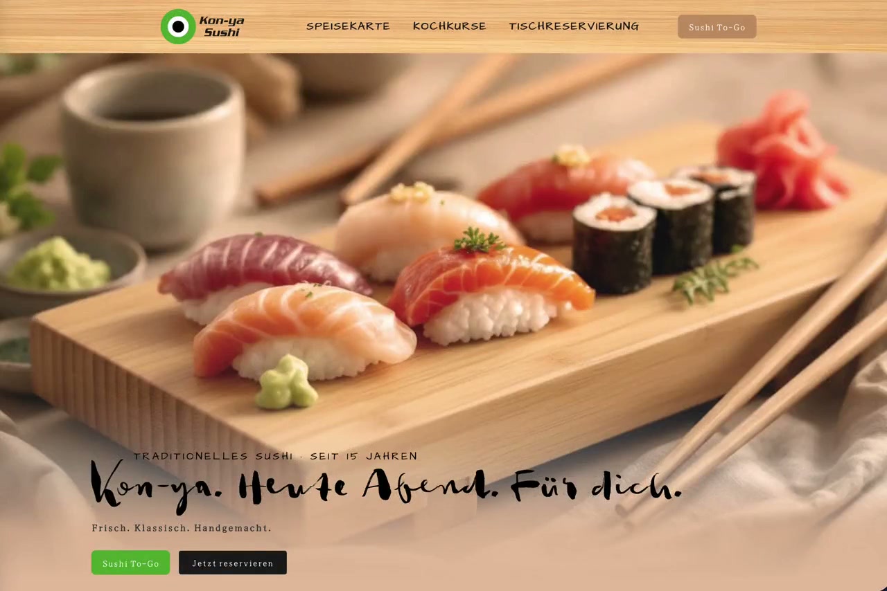 Startseite von Kon-ya Sushi mit Logo, einer Sushi-Platte auf dem Holzbrett und den Knöpfen zum Bestellen und Reservieren.
