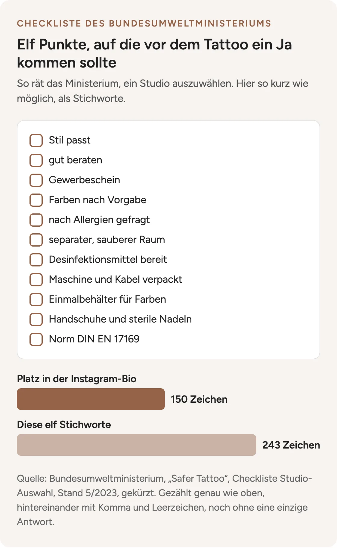 Die elf Punkte der Checkliste des Bundesumweltministeriums zur Studio-Auswahl in Stichworten; zusammen 243 Zeichen, in eine Instagram-Bio passen 150