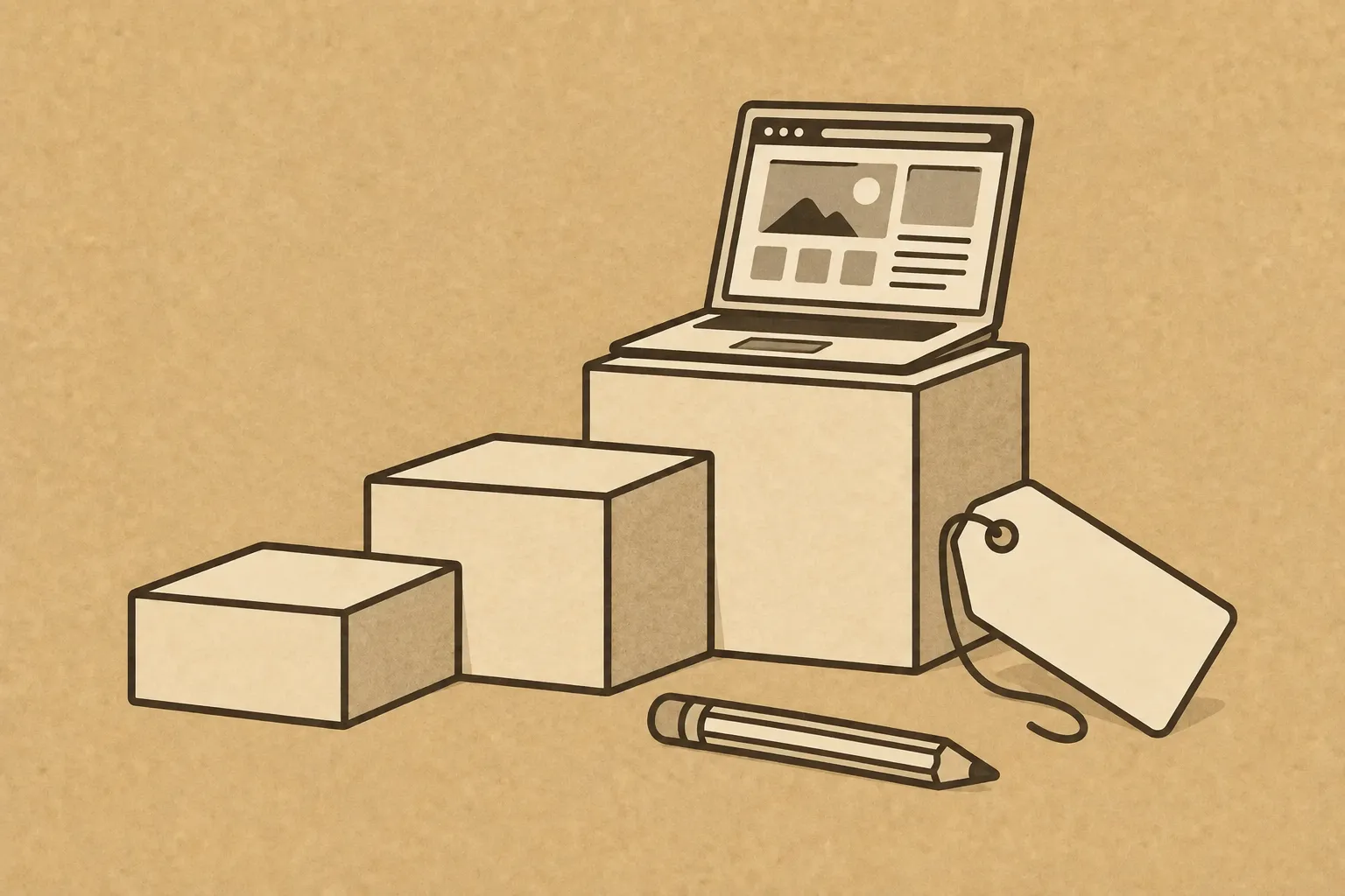 Illustration: drei unterschiedlich hohe Holzklötze wie eine kleine Treppe, auf der obersten Stufe ein Laptop mit einer Website, daneben ein leeres Preisschild und ein Bleistift