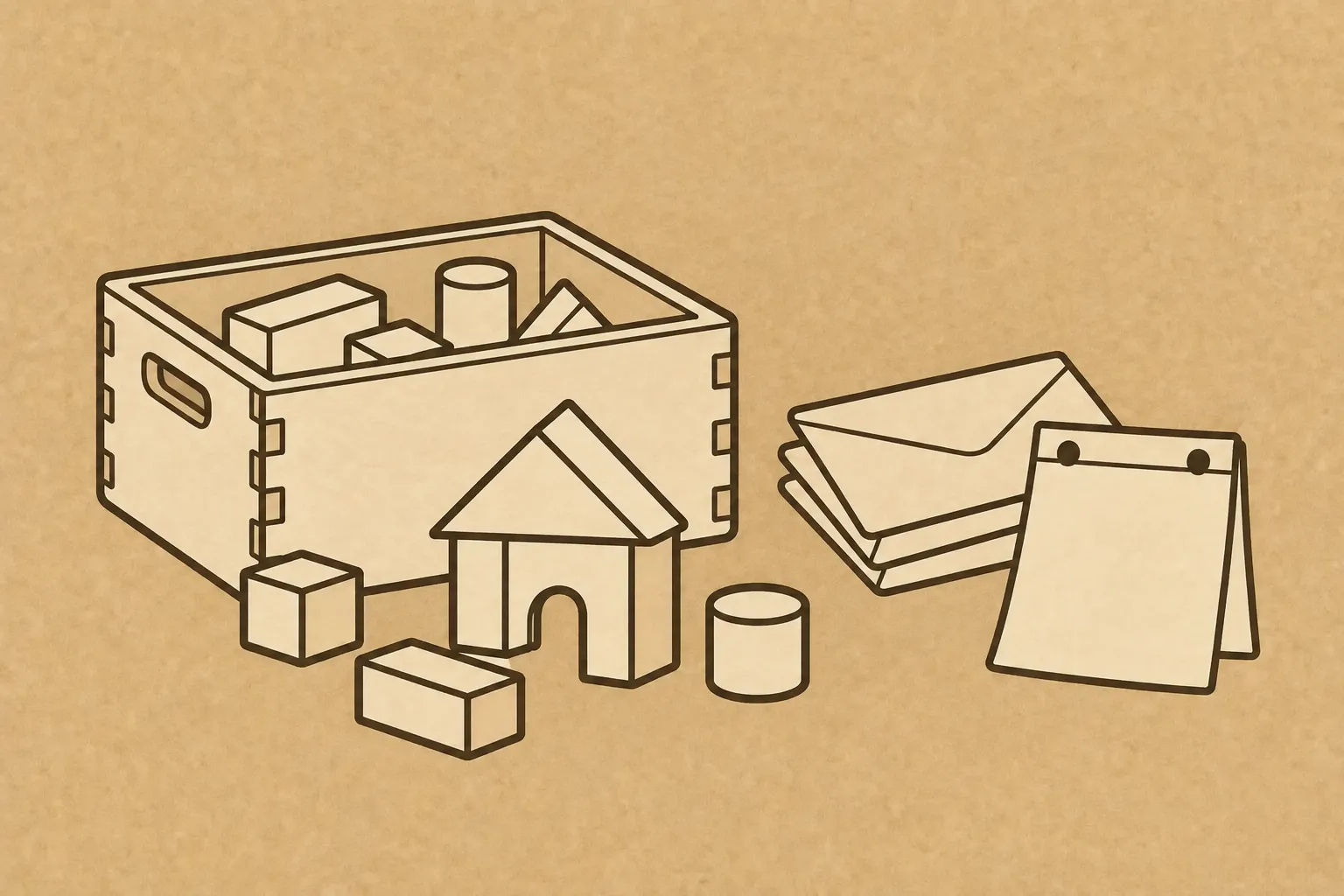 Website-Baukasten oder Webdesigner: Woran du merkst, dass es Zeit wird Illustration: Ein Holzbaukasten mit einem kleinen Haus aus Bauklötzen, daneben ein Stapel Briefe und ein Kalenderblatt