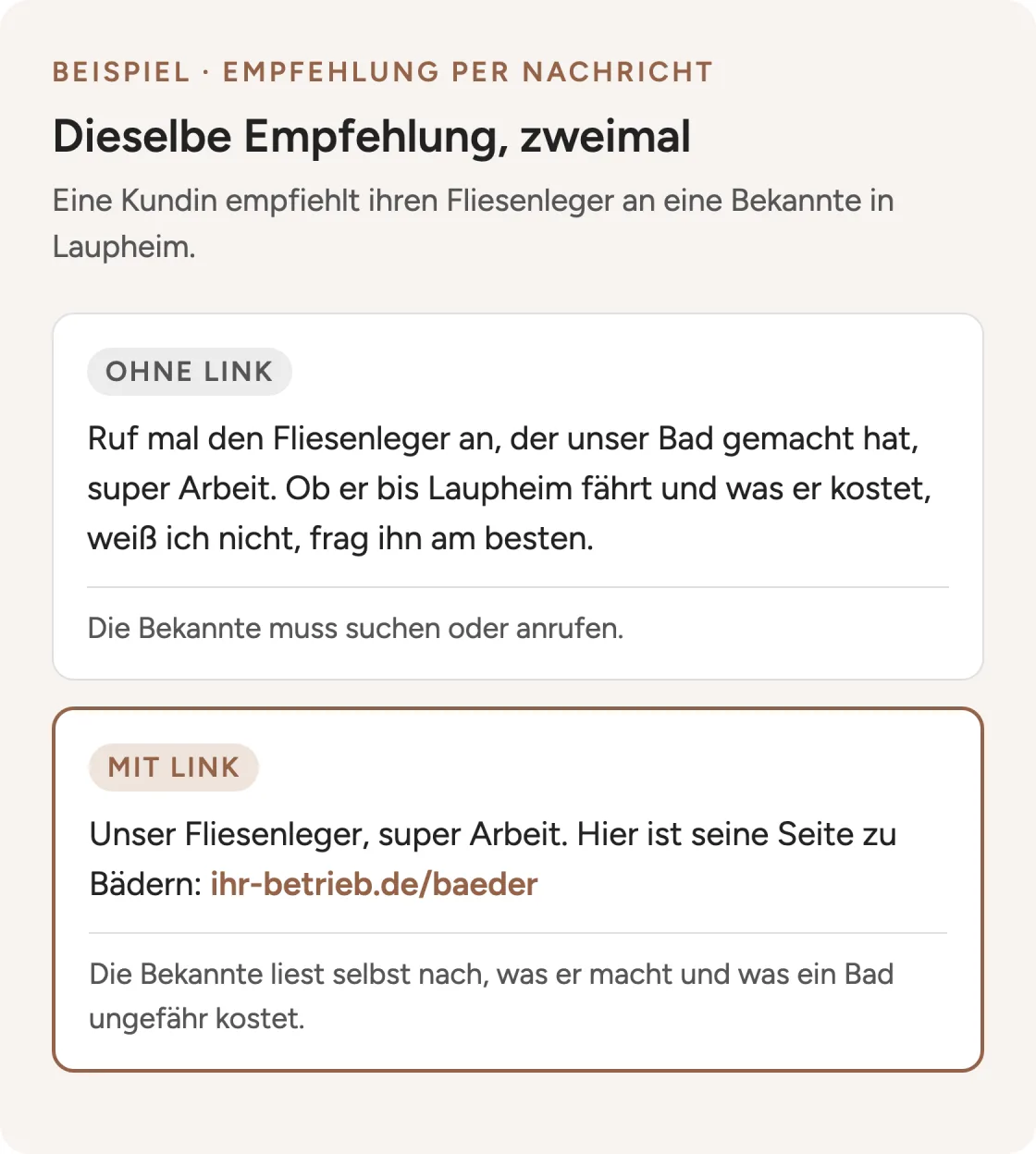 Beispiel einer Empfehlung per Nachricht: Einmal empfiehlt die Kundin den Fliesenleger ohne Link und weiß weder Gebiet noch Kosten. Einmal schickt sie einen Link auf seine Seite zu Bädern, auf der die Bekannte selbst nachliest.