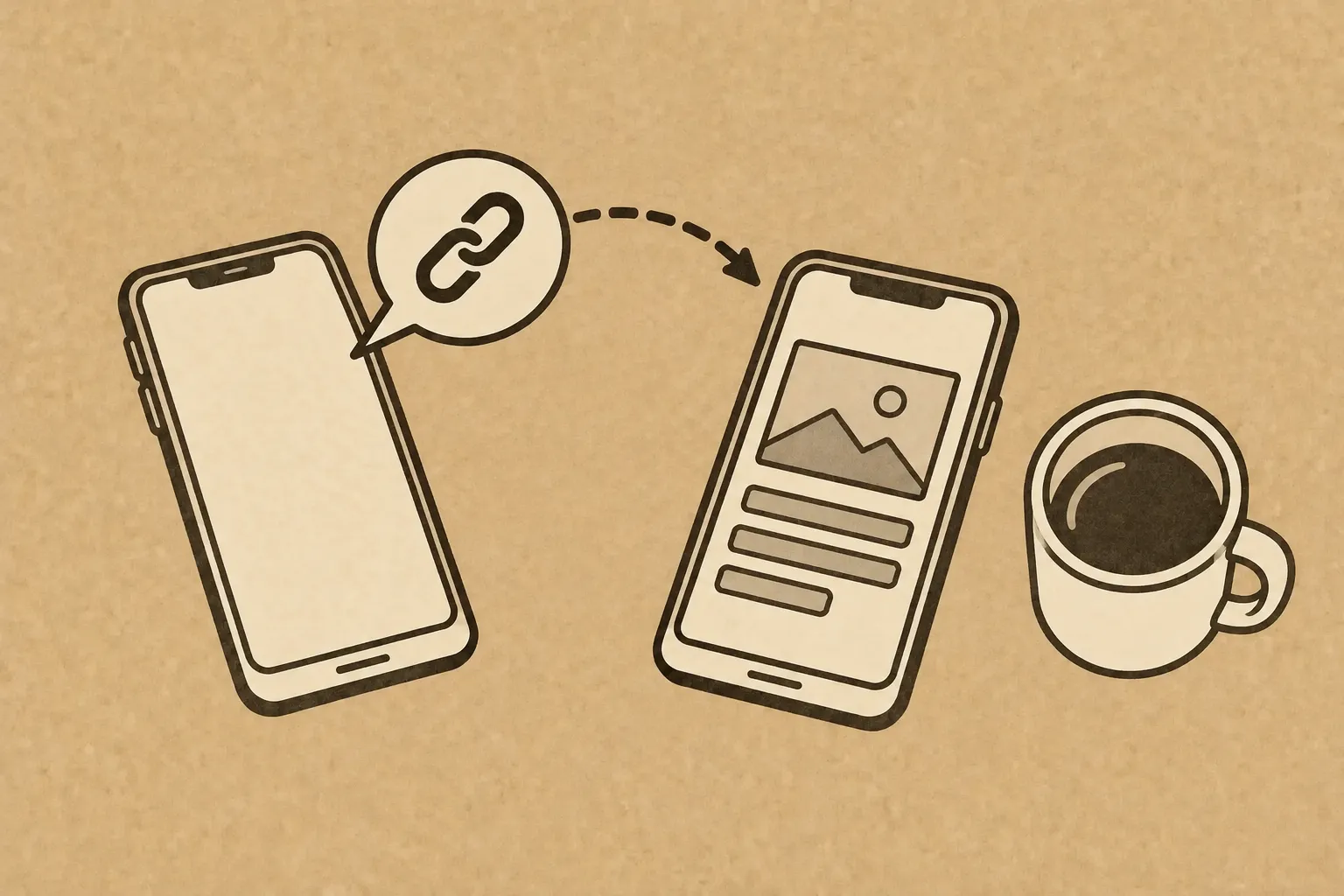 Verkaufsstarke Website: Würdest du deine eigene weiterschicken? Illustration: Von einem Smartphone fliegt eine Sprechblase mit einem Link-Symbol zu einem zweiten Smartphone, auf dem eine Website zu sehen ist