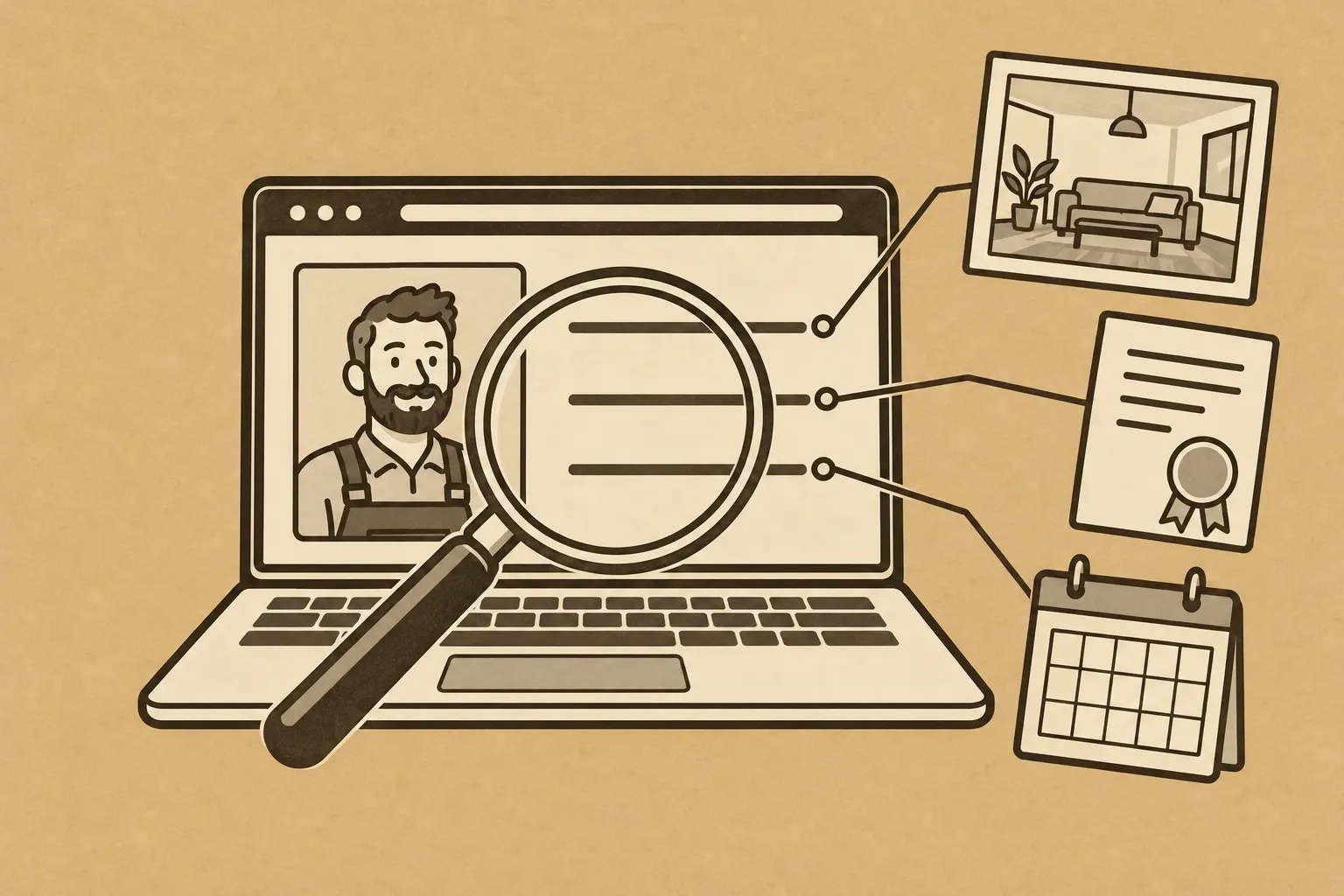 Illustration: Laptop mit dem Abschnitt „Über mich“ einer Website, an jeder Zeile hängt ein Beleg – ein Foto, eine Urkunde, ein Kalender –, davor eine Lupe.